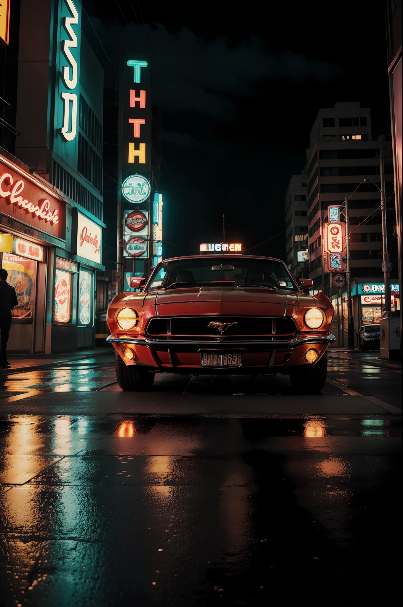 Main Subject: Vintage convertible car (e.g., classic red Mustang)
View Angle: Top-down, capturing open-roof freedom
Main Feature: Artistic illustration with detailed linework
Inspiration/Style: Retro comic book art meets modern aesthetics
Scene Position: Cruising through a neon-lit futuristic city
Background/Location: Futuristic cyberpunk metropolis
Scene Composition: Car slightly off-center, cityscape in focus
Lighting: Neon lights and rain-slicked streets, reflections
Post-Processing: Comic book halftone effect, dynamic lighting
Reference/Artist: Bruce Timm, Katsuhiro Otomo
Lens: 35mm lens, capturing the urban vibe