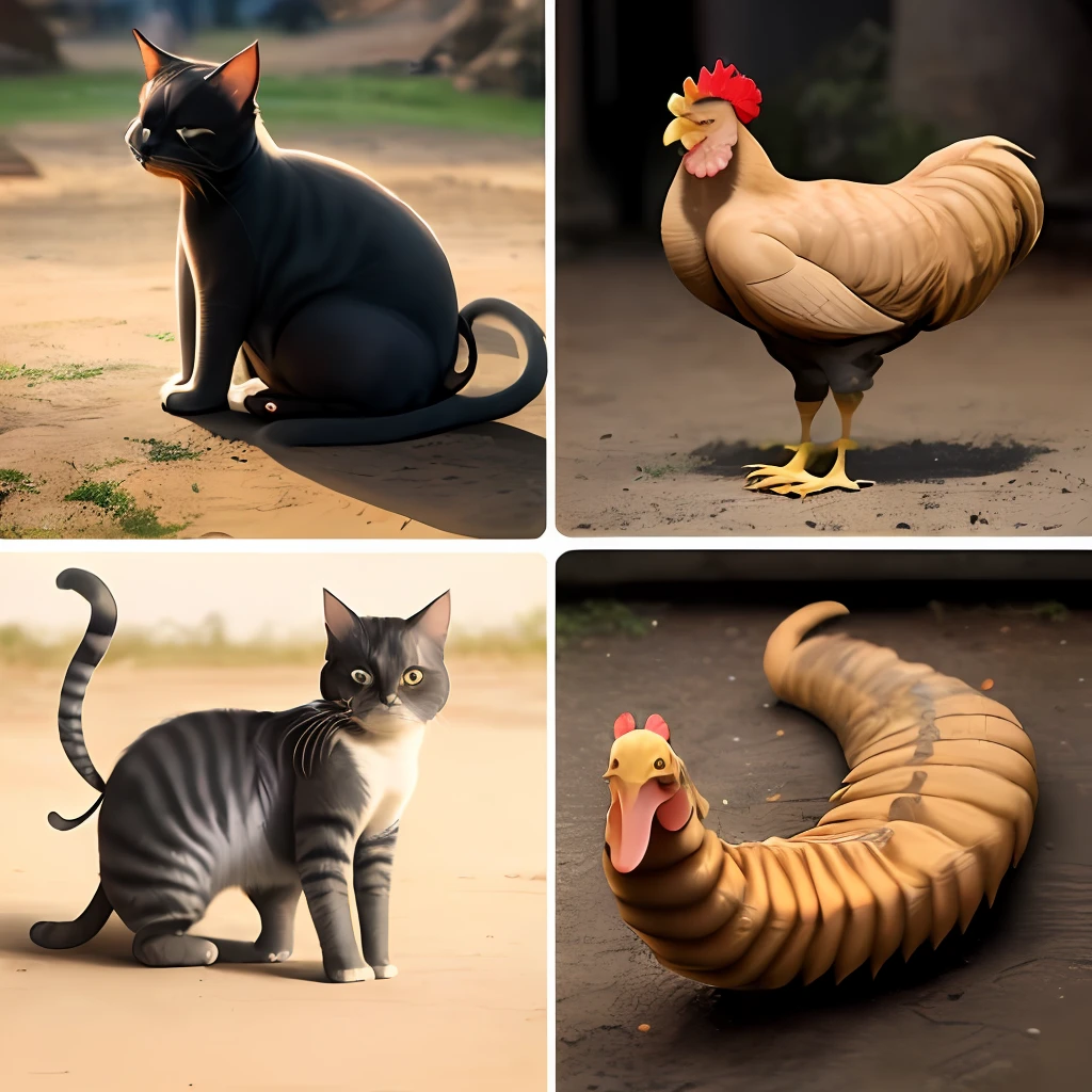 A cat whose tail resembles a scorpion's tail and its legs look like chicken feet, and the left corner is a chicken whose beak resembles an elephant's trunk