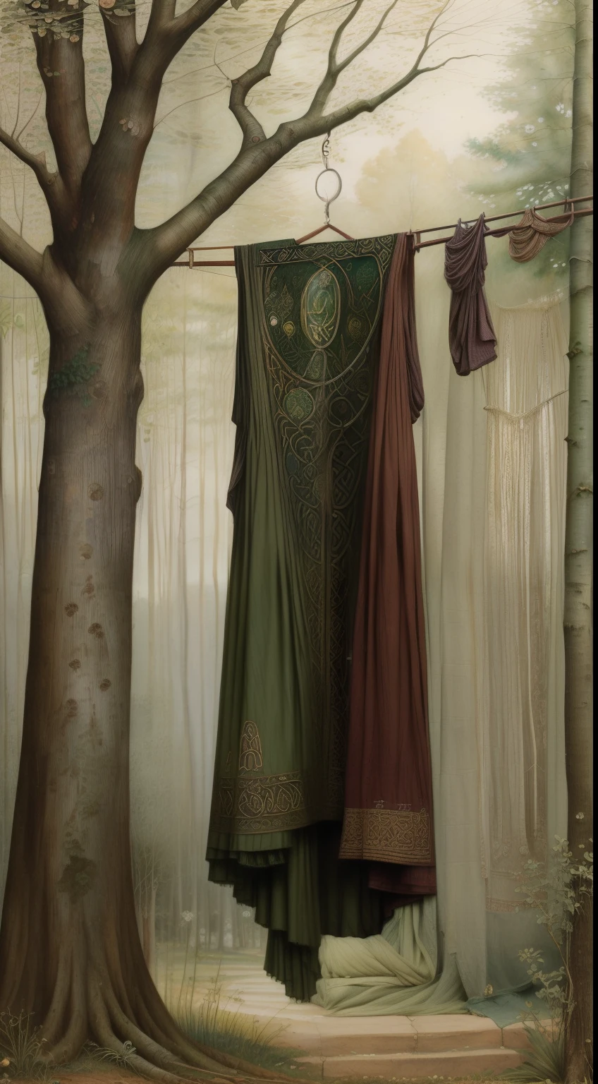 (((Pre-Raphaelite Celtic painting of garment rags hanging from a tree, um homem mendigo vestido com trapos e farrapos, louco, floresta)))