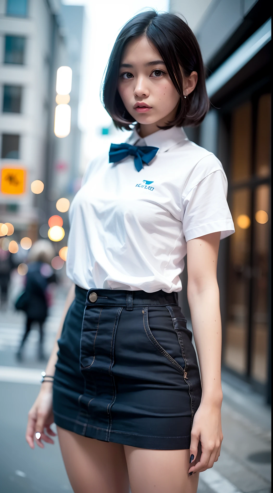 (8k, RAW photo, best quality, masterpiece:1.3),(realistic,photo-realistic:1.37),(night),(looking at viewer:1.331),(white hair),posing,Tokyo street,nightcityscape, cyberpunk city,soft light,1girl,extremely beautiful face,bust,put down hands,Random hairstyle,Random expression,big eyes, ,lower abdomen,(short-sleeved
JK_shirt),JK_style,(dark blue JK_skirt) ,(bow JK_tie),mix4