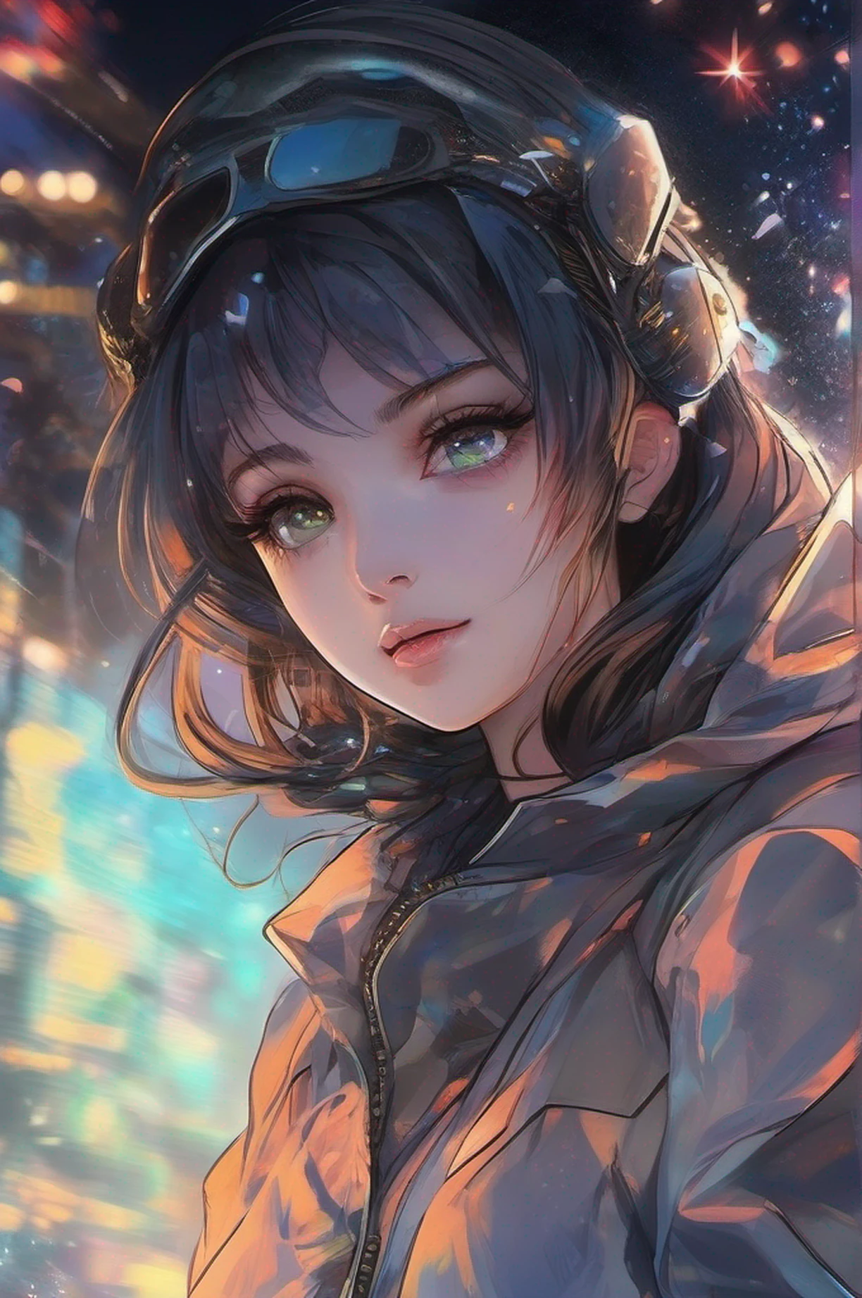anime backgrounds, drawing, dark space anime, night, in the style of realistic hyper-detailed portraits, bokeh, futuristic glam, delicate portraits, aurorapunk, glass fragments art, low-angle