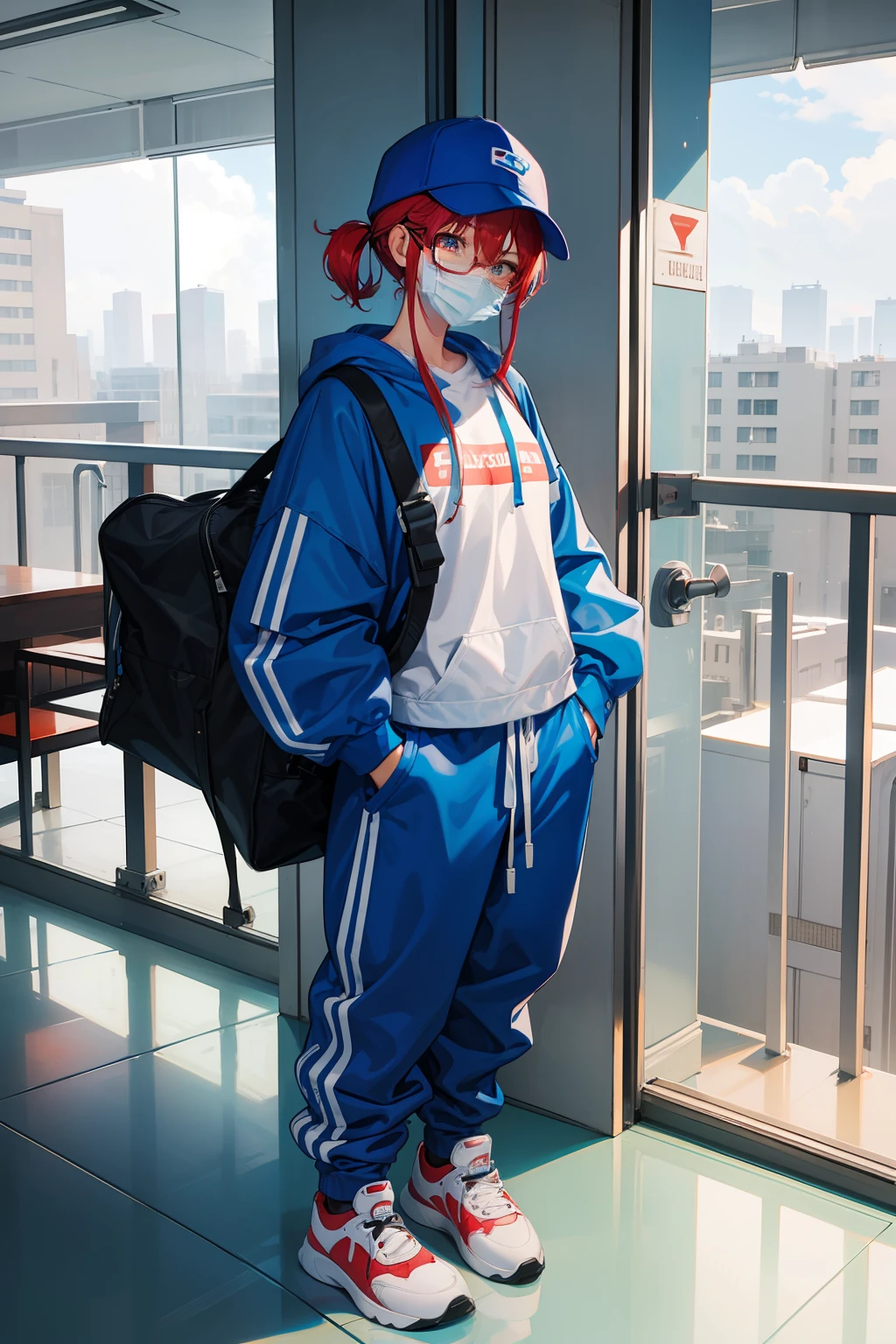 1girl, blue baggy sweatshirt, sunglases, hospital mask, blue sweatpants, red sneakers, white gloves, woman's hat.