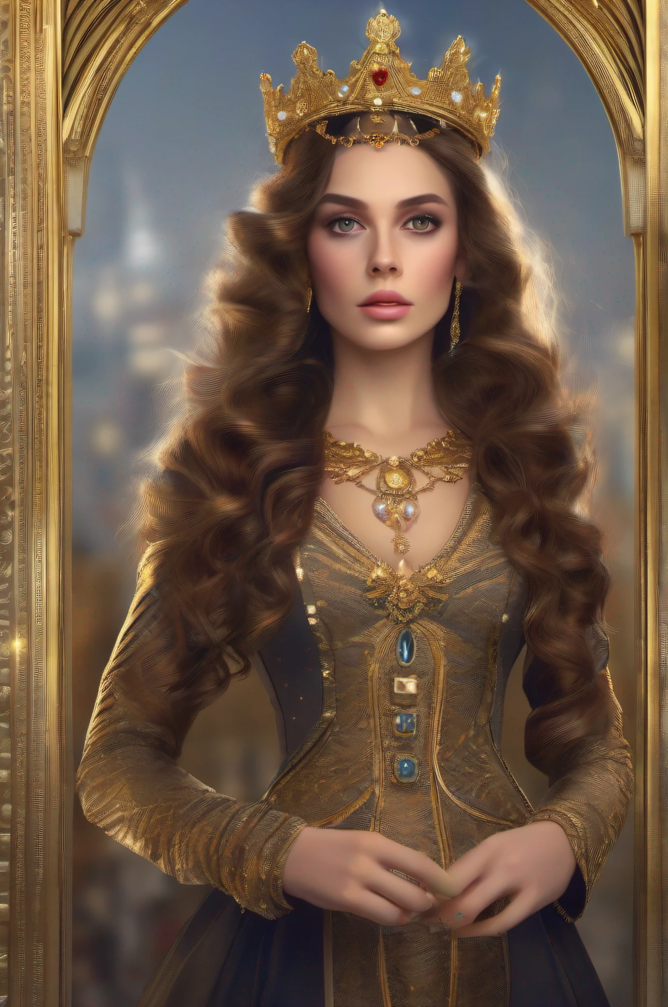 Beautiful Victorian woman with long curly brown hair, Wearing a gold crown,
In a gold dress with RWS stripes, Gemstone necklace, Perfect detail
Symmetrical eyes, detailed gorgeous face,
(Beautiful hands, Detailed fingers: 1.5), 8K, HDR, SLR
