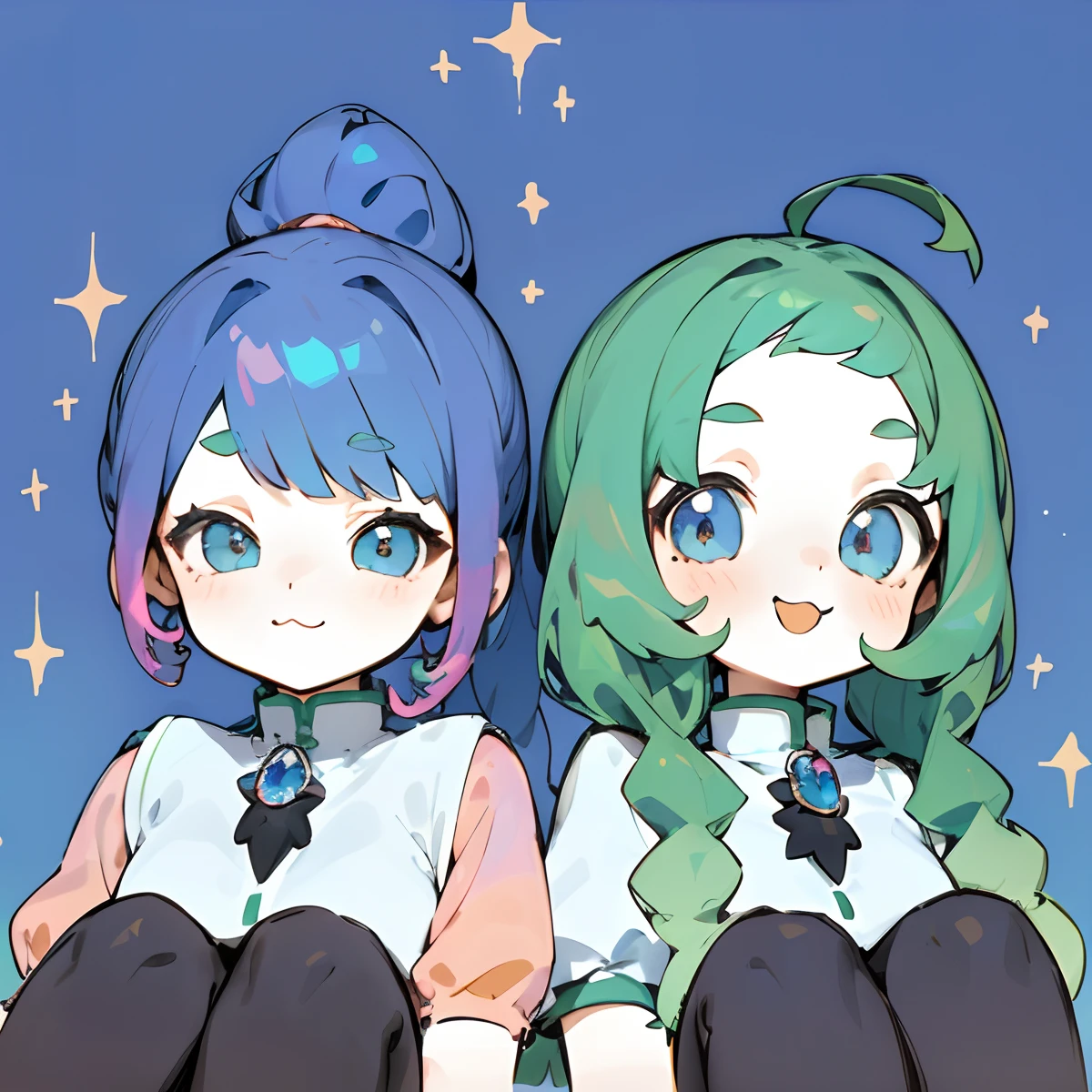 ((colourful, As detailed as possible)), Two anime friends sitting side by side and looking at the camera against the night sky, 2 d anime style, flat anime style, in anime style, the anime, anime stylized, glass hair, Crystal hair, Glowing Hair, portraite of a, Gemstone uniforms \(Hauskie no to that\), Gemstone uniforms, tie, puffy short sleeves, Shorts, Smile, puffy short sleeves, Chubby armbands, shards, Shirt, short sleeve, sparkle, (The first girl with a high shoulder-length ponytail and a calm face, beatiful face, multi-colored hair, Hair gradient, Hair color from blue to peach, without bangs, curly curl on the cheek, hairstyle: high ponytail, long tail, hair from Tanzanite, peach-colored eyes, :3, Short eyebrows,), (The second girl with two long green pigtails and a happy face, wide eyes, turquoise hair, Turquoise textured hair, Hair is smooth, Like a stone), Night background, natural light, vivid picture