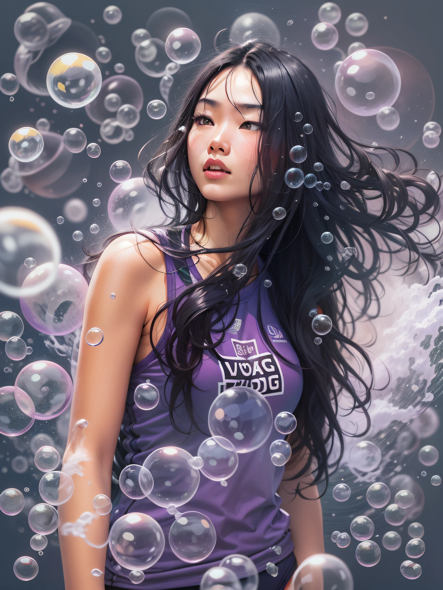 Asian woman with long black hair, wearing purple bathing suit, with long black hair, surrounded by soap bubbles, at beach, realistic style image, Surrounded by Vector VibraPrint Ready t-shirt design, white background, side view, label, clean white background , professional vector, very high detail, t-shirt design, vibrant.