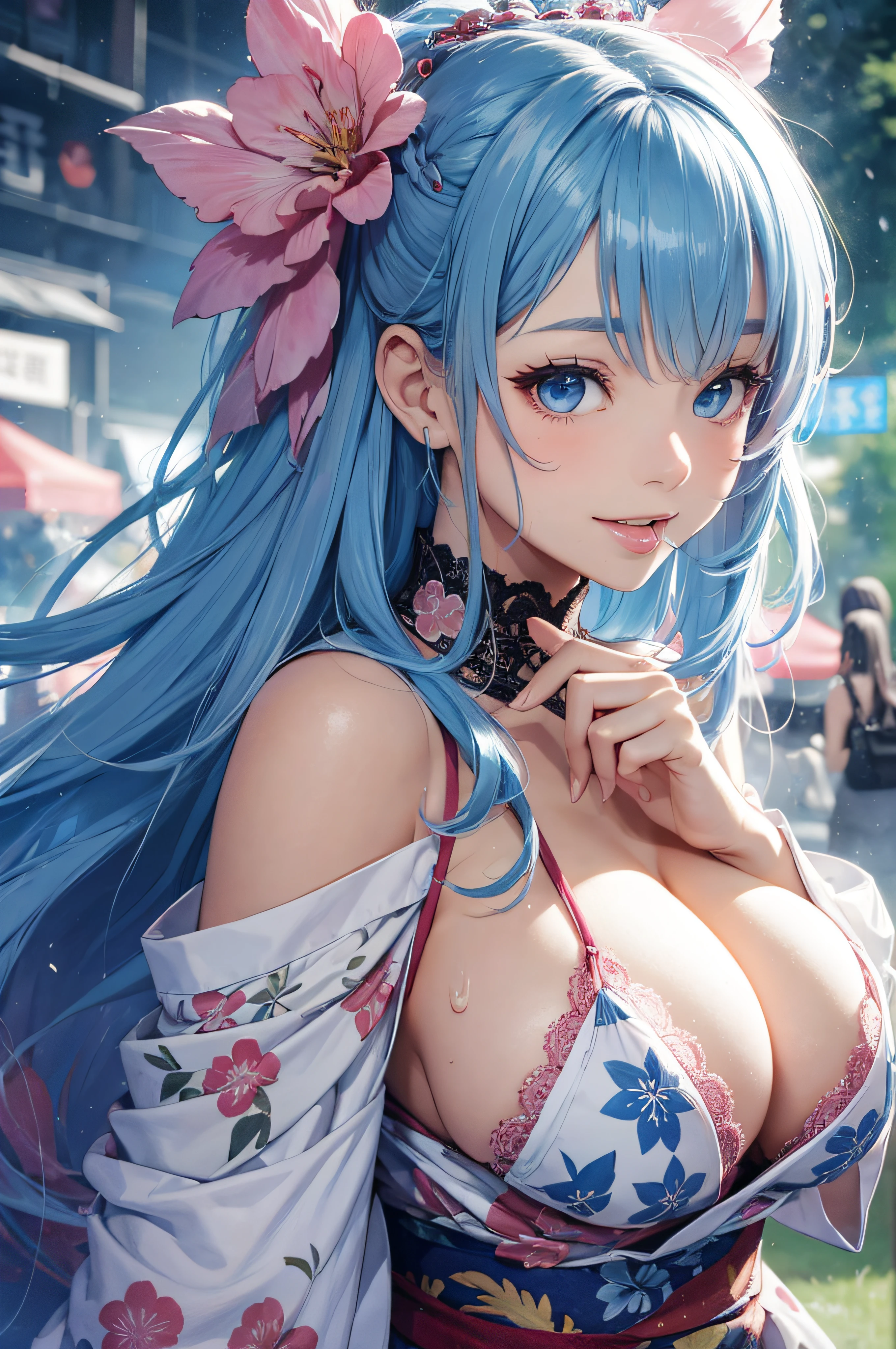 8K picture quality、top-quality、masutepiece、An ultra-high picture quality、ultra-detailliert、Ultra-realistic hair quality、Vibrant colors、Beautuful Women、Beautiful long hair、Shiny hair、detailed hairs、blue hairs、poneyTail、Blue eyes、shinny skin、Lace underwear、Very gigantic-breasts、Sweat on the forehead and cheeks、extremely big ass、Fluffy off-shoulder yukata、A smile、pink tongue、Ultra-realistic flesh feeling、Red cheeks、summer festival in background