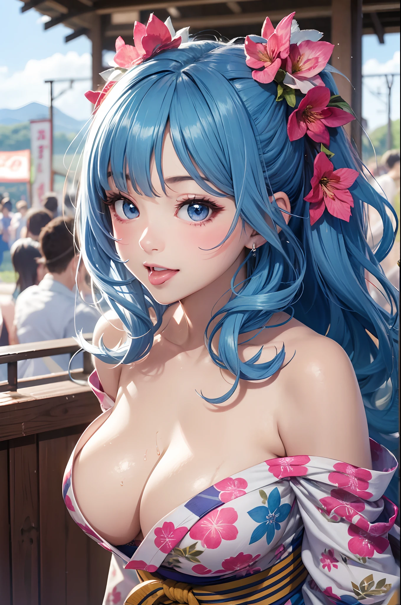 8K picture quality、top-quality、masutepiece、An ultra-high picture quality、ultra-detailliert、Ultra-realistic hair quality、Vibrant colors、Beautuful Women、Beautiful long hair、Shiny hair、detailed hairs、blue hairs、poneyTail、Blue eyes、shinny skin、Lace underwear、Very gigantic-breasts、Sweat on the forehead and cheeks、extremely big ass、Fluffy off-shoulder yukata、A smile、pink tongue、Ultra-realistic flesh feeling、Red cheeks、summer festival in background