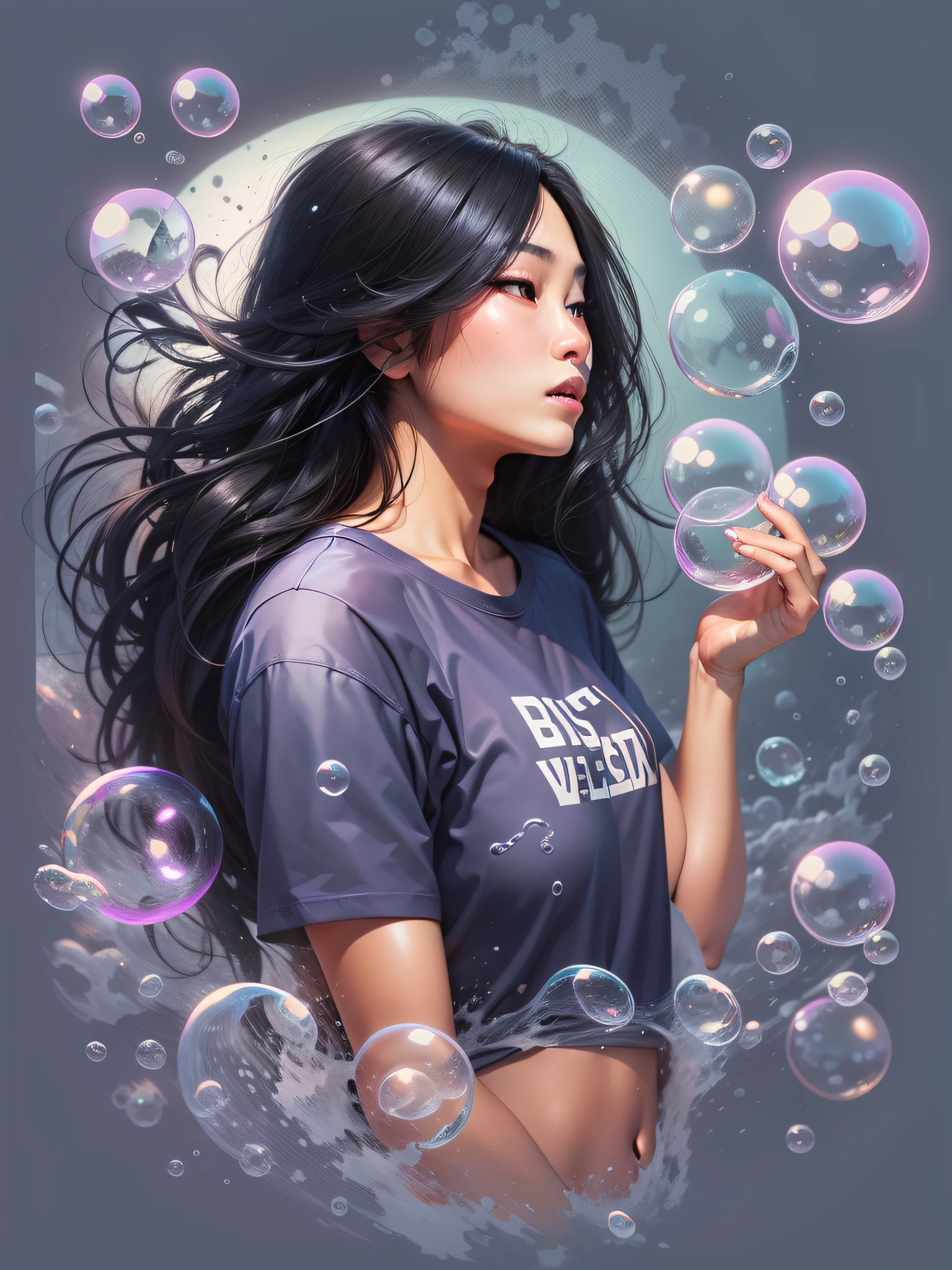 Asian woman with long black hair, wearing purple bathing suit, with long black hair, surrounded by soap bubbles, at beach, realistic style image, Surrounded by Vector VibraPrint Ready t-shirt design, white background, side view, label, clean white background , professional vector, very high detail, t-shirt design, vibrant.