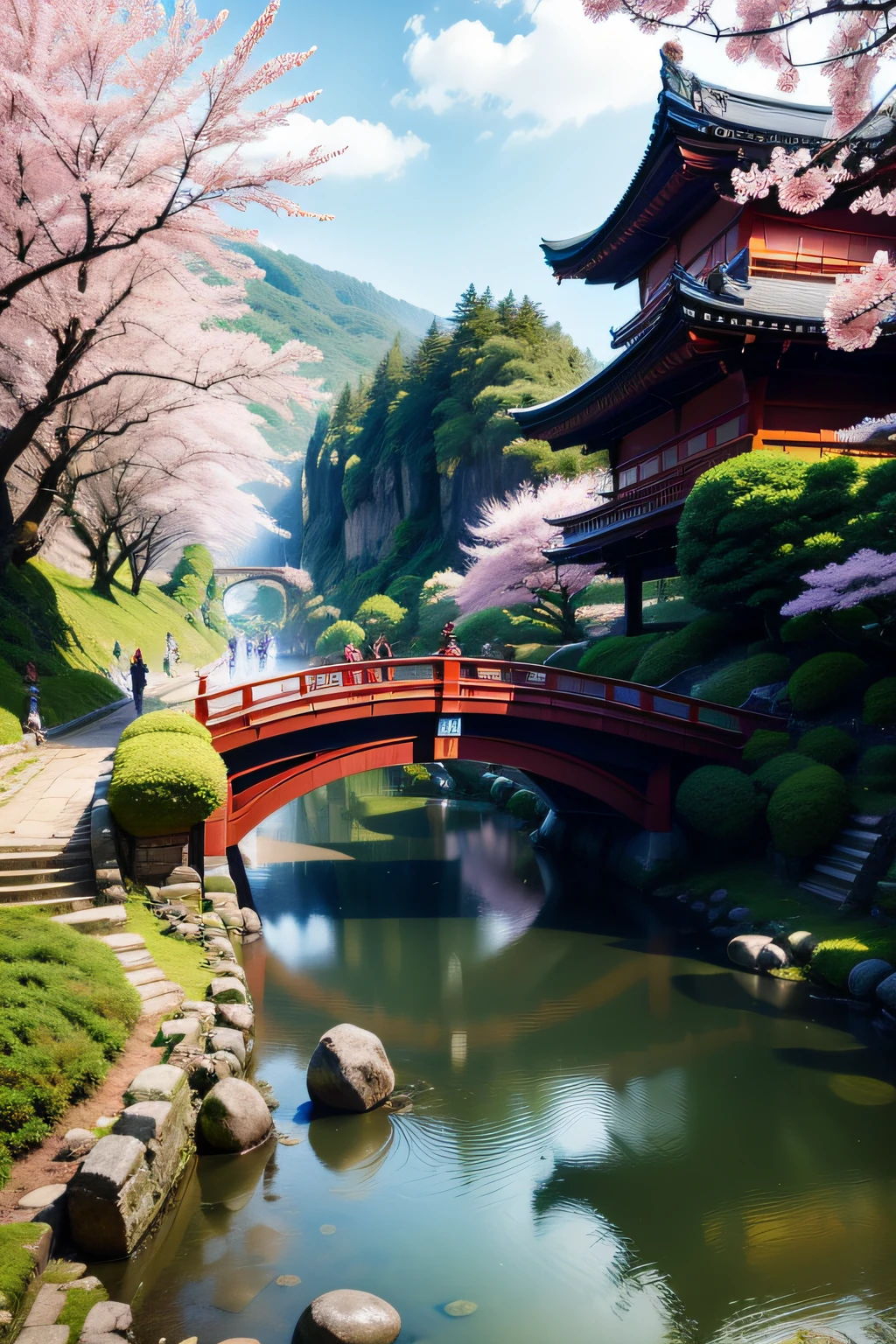 um rio com uma ponte e cerejeiras em primeiro plano, Japan Sightseeing, japan deeper travel exploration, Japan Travel & Tourism, Japan's travel aesthetics, AOMORI, Japan, Temporada Sakura, Cidade japonesa, Quioto, himeji rivendell garden of eden, kyoto japan setting, japan nature,cerejeiras em flor, Templos japoneses, Paisagem japonesa, photografia profissional,(obra prima)(Ultra realista),(Ultra Dealhado),(melhor qualidade),(Ultra Detalhado),(ambiente profundo)(medieval :1.5),(paisagem de um jogo)