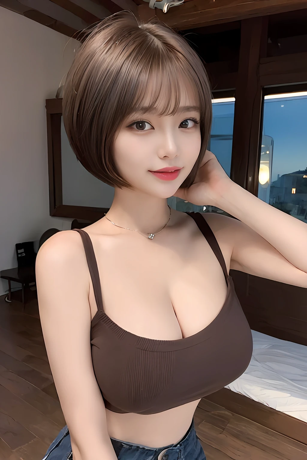 ((Top Quality, 8K, Masterpiece:1.3)), Detailed Woman:1.3, ( Short bob-cut hair of brown:1.4), (natural bangs:1.2), Beautiful Small Breasts:1.2), tight knit:1.1, Ultra Detailed, Detailed, Eyelids