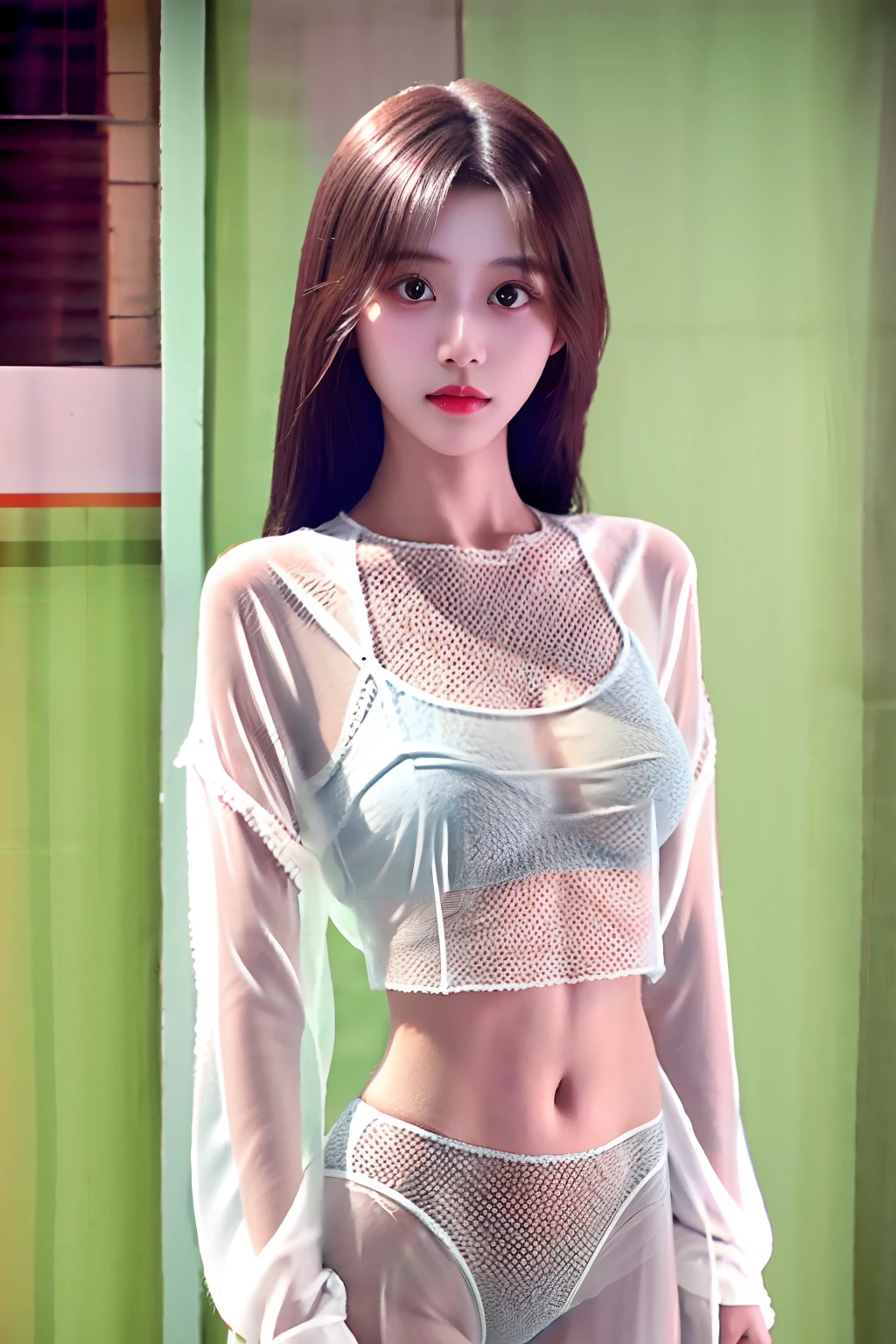 see-through transparent clothes，no underwares，Vaguely all exposed，The skin is completely bare，