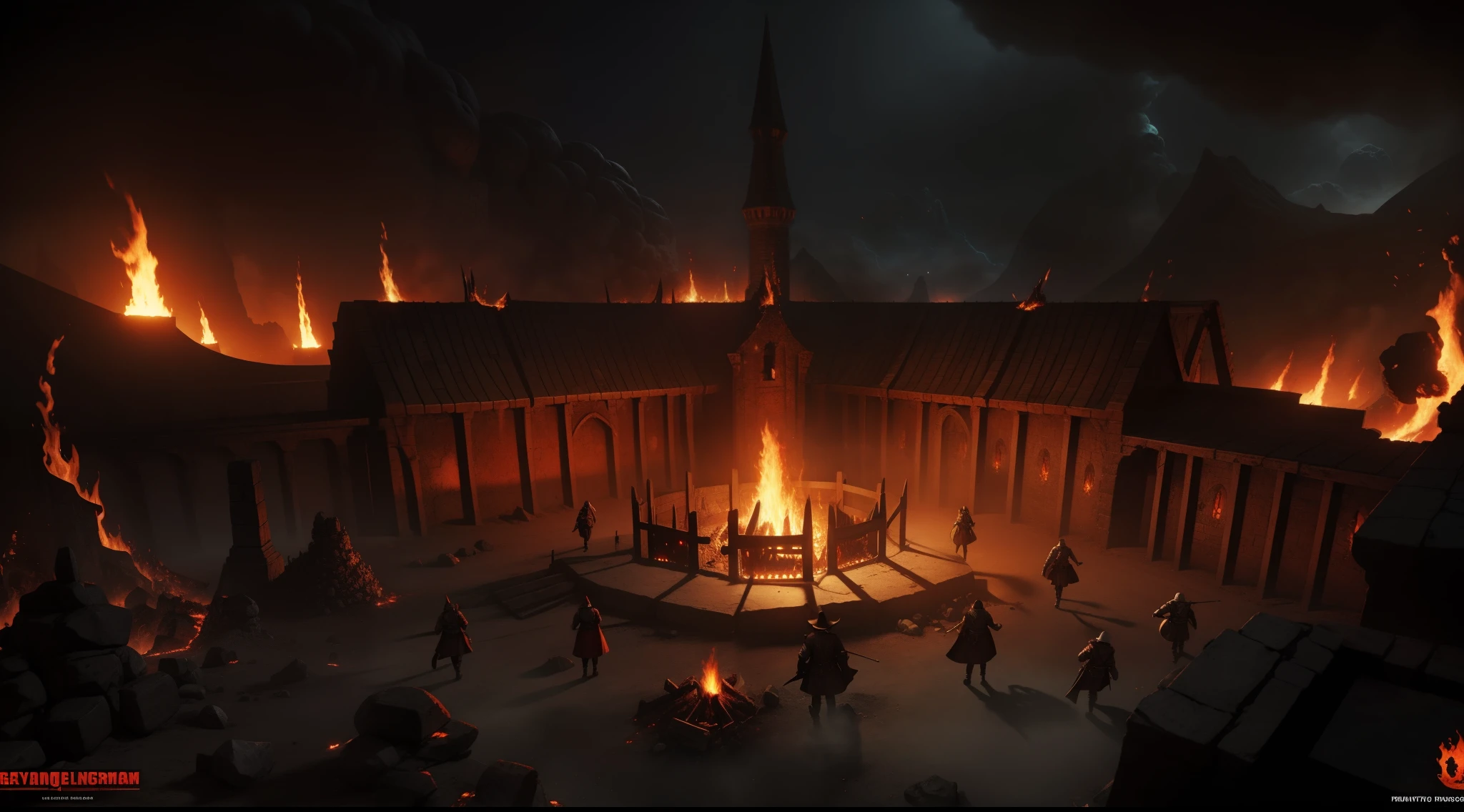 Imagine an epic and bloody Battle, Avernus, inspirado no inferno de Dante, fogo, raios, monstros, cinza e fagulhas voando, Epic battle in hell, Guerra entre demons, chamas, labaredas de fogo, ruins, caos, estilo D&D, estilo DnD