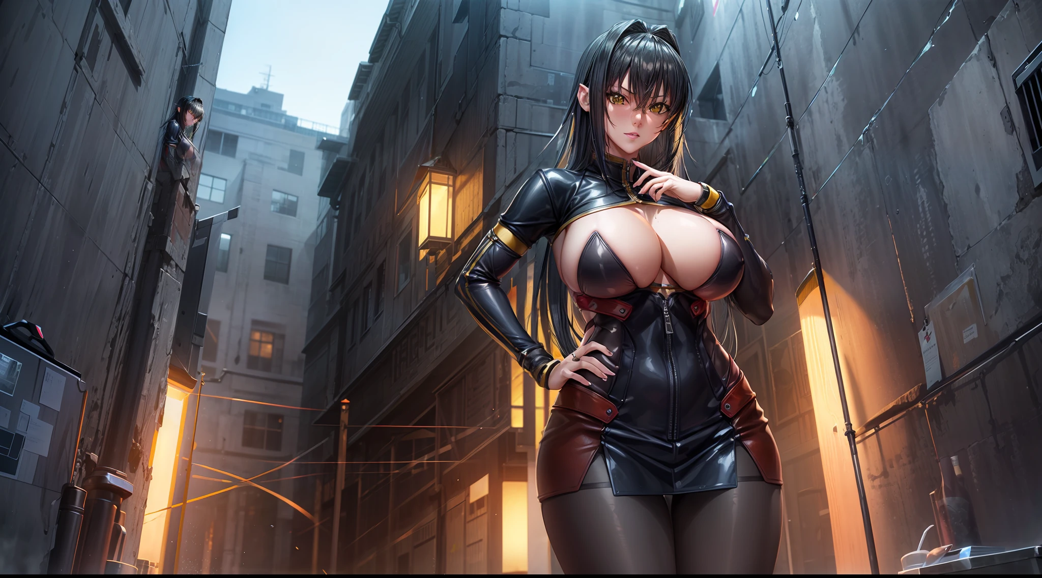 professional artwork, Intricate Details, field of view, sharp focus, detailed painting, photorealistic lighting, trending on pixiv, Standing at attention, black outfit ,yellow collared shirt,black bodysuit,skin_tight,black legwear, black pantyhose, Side_boob, black hair,very long hair, Bangs,yellow eyes,makeup, lipstick, 35yo,mature female,Beautiful Finger,Beautiful long legs,Beautiful body,Beautiful Nose,Beautiful character design, perfect eyes, perfect face, looking at viewer,official art,extremely detailed CG unreal engine, 8k wallpaper, perfect lighting,Colorful, Bright_Front_face_Lighting, (masterpiece:1.0),(best_quality:1.0), ultra high res,4K,ultra-detailed, photography, 8K, HDR, highres, absurdres:1.2, Kodak portra 400, film grain, blurry background, (Beautiful,large_Breasts:1.4), (beautiful_face:1.5),(narrow_waist), (solo:1.4), ((landscape dimension)),