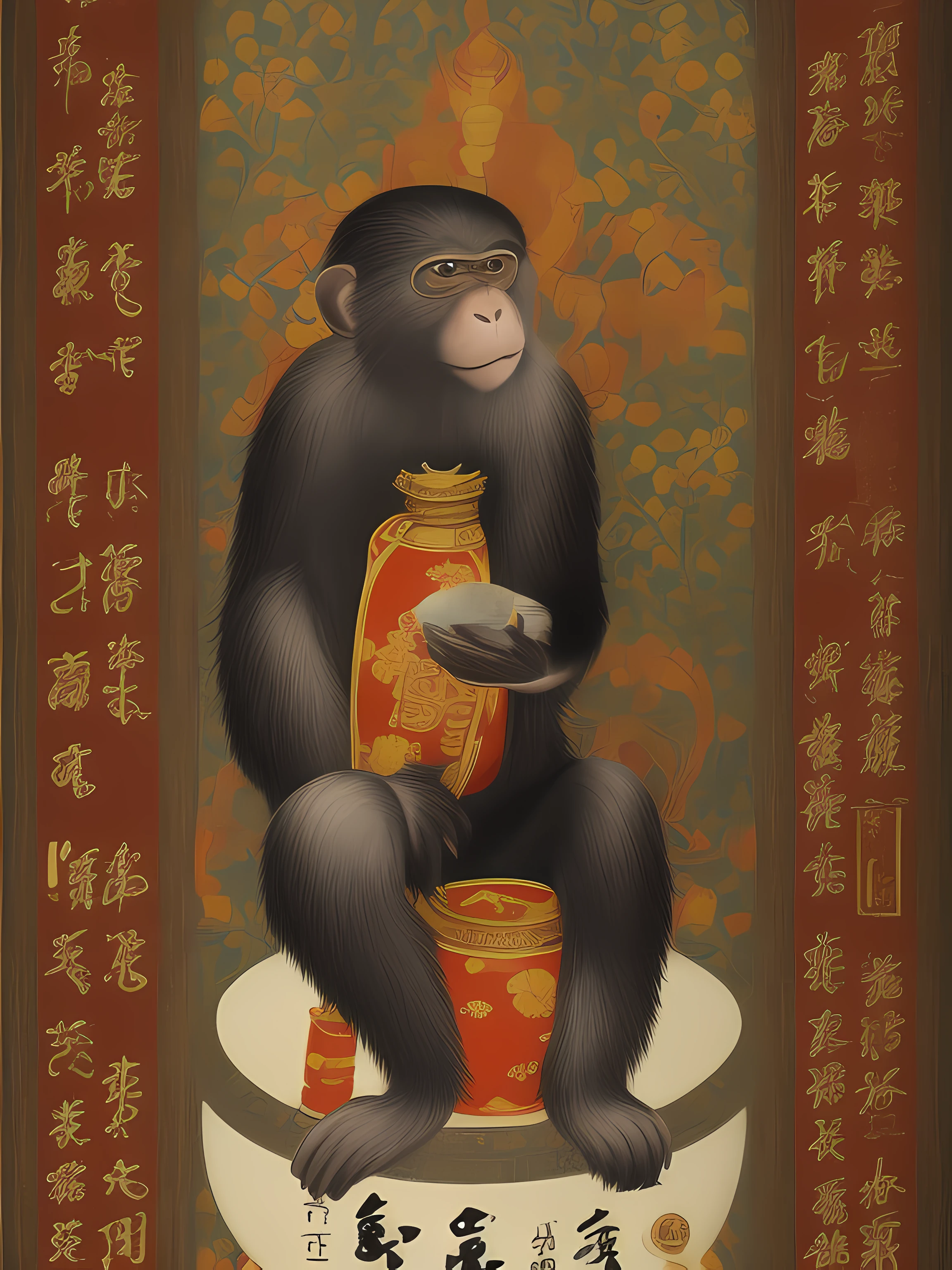 (estilo fidus:1.3),  A mystical monkey sipping sake standing in a temple, moldura ornamental, Runic inscriptions, arte, belas artes, obra-prima, premiada, trending in artstation, melhor qualidade