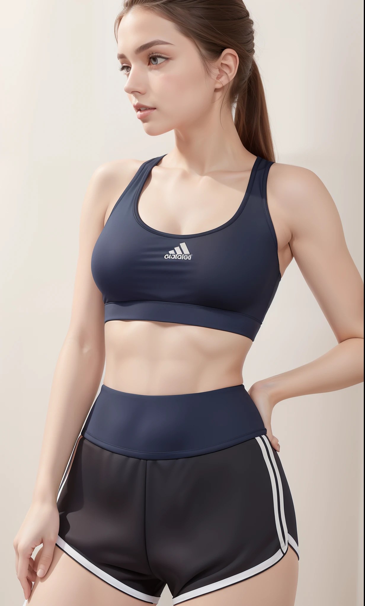 A closeup of a gorgeous woman in a gray sports bra top, sports bra, Esporte bom, brassier, sport bra and shirt, detailed sports bra, sport bra and shorts, roupas esportivas, Bralette, roupas esportivas, two piece workout clothes, tight push up bra, camisa Nike, sport bra and dark blue shorts, roupas esportivas fofas, in a bra