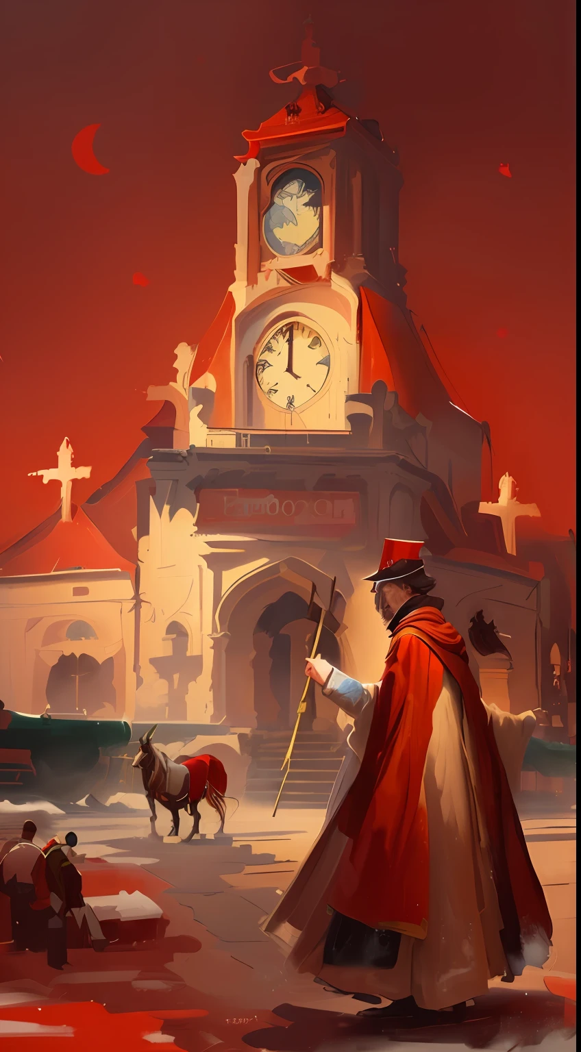 Painting of a man in a red robe and a red cape with a clock tower in the background, clocktower, stylized digital illustration, inspirado em Geertgen tot Sint Jans, inspirado em Boris Kustodiev, mago com capuz vermelho, pintura estilizada, matte digital illustration, pintura fosca guache, speedpaint, #1 pintura digital de todos os tempos