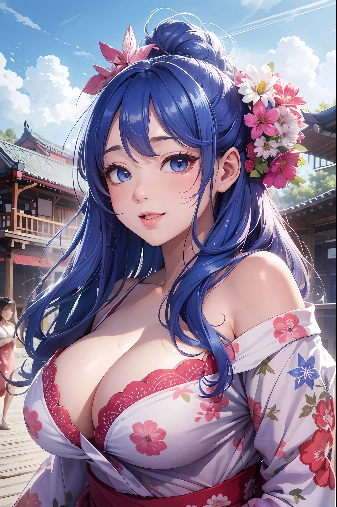 8K picture quality、top-quality、masutepiece、An ultra-high picture quality、ultra-detailliert、Ultra-realistic hair quality、Vibrant colors、Beautuful Women、Beautiful long hair、Shiny hair、detailed hairs、blue hairs、poneyTail、Blue eyes、shinny skin、Lace underwear、Very gigantic-breasts、Sweat on the forehead and cheeks、extremely big ass、Fluffy off-shoulder yukata、A smile、pink tongue、Ultra-realistic flesh feeling、Red cheeks、summer festival in background
