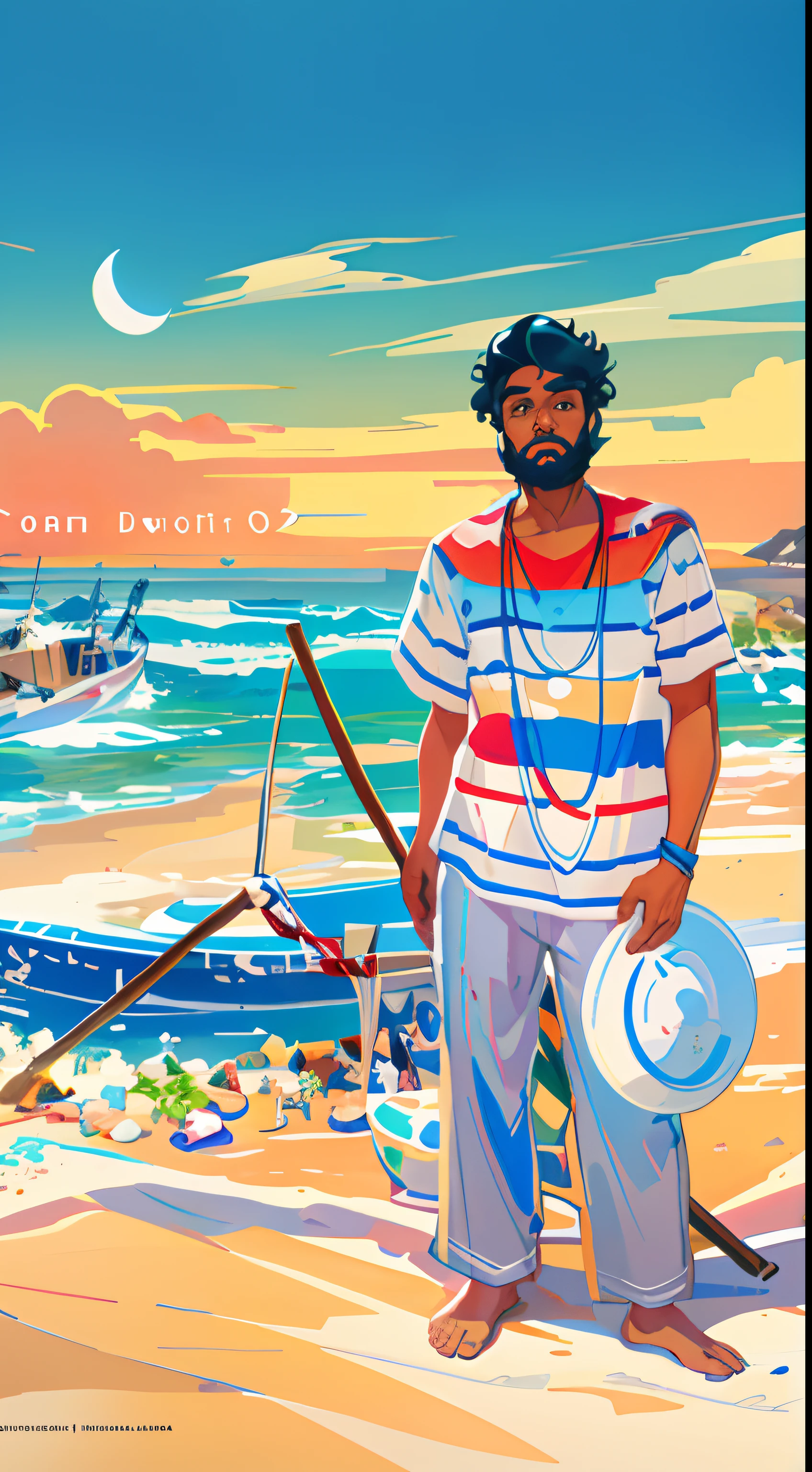 Painting of a man standing on a beach with a hat and a stick, official illustration, stylized digital illustration, Arte Oficial, cover illustration, arte oficial, album cover concept art, in illustration style digital, lofi album art, illustration!, 2 d gouache illustration, digital illustation, Gambino Infantil, digital illustation, fanart oficial, fan art