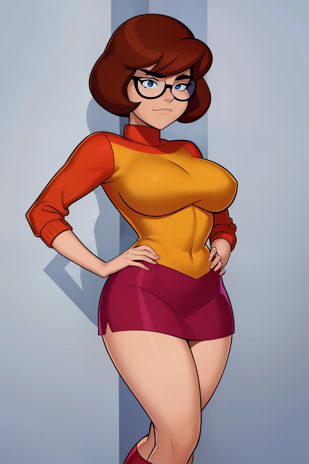 (masterpiece, best quality:1.2), something unlimited, 1girl, solo, a cartoon of a woman in a yellow sweater and red skirt, velma (Scooby-doo show), velma dinkley, female protagonist, glasses, breasts, european, brown hair, short hair, a cartoon character in a yellow outfit and red shoes with a red hair and glasses on her head and a red skirt, character portrait, a character portrait, white background, standing with her hands on her hips, freckles under eyes