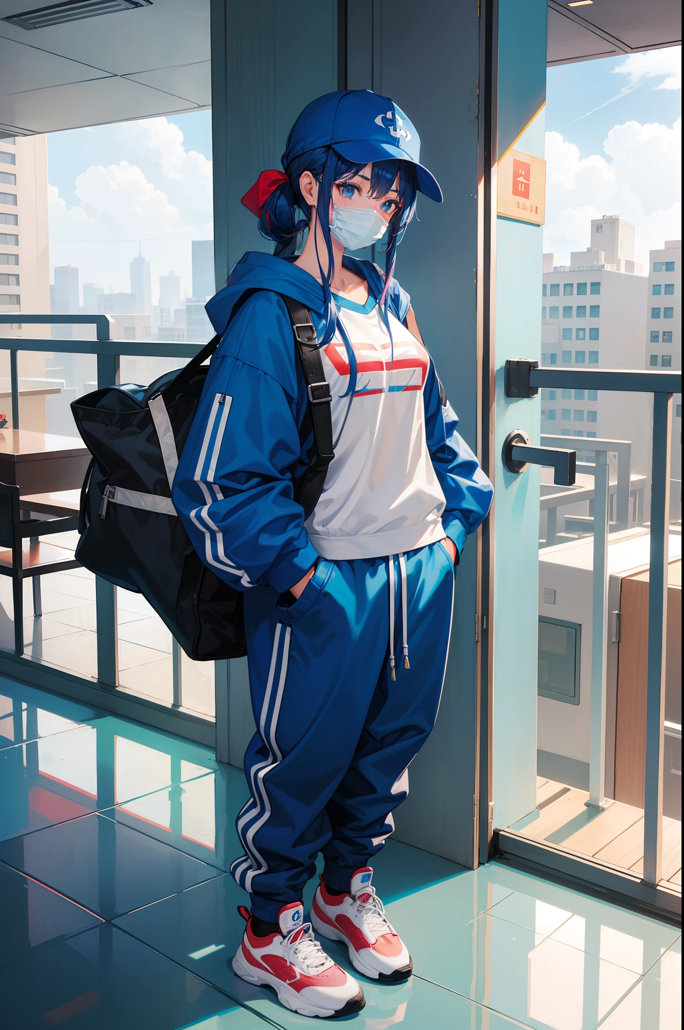 1girl, Sudadera azul holgada, sunglases, Mascarilla hospitalaria, Blue sweatpants, Zapatillas rojas, guantes blancos, Sombrero de mujer, blue hair, blue skin.