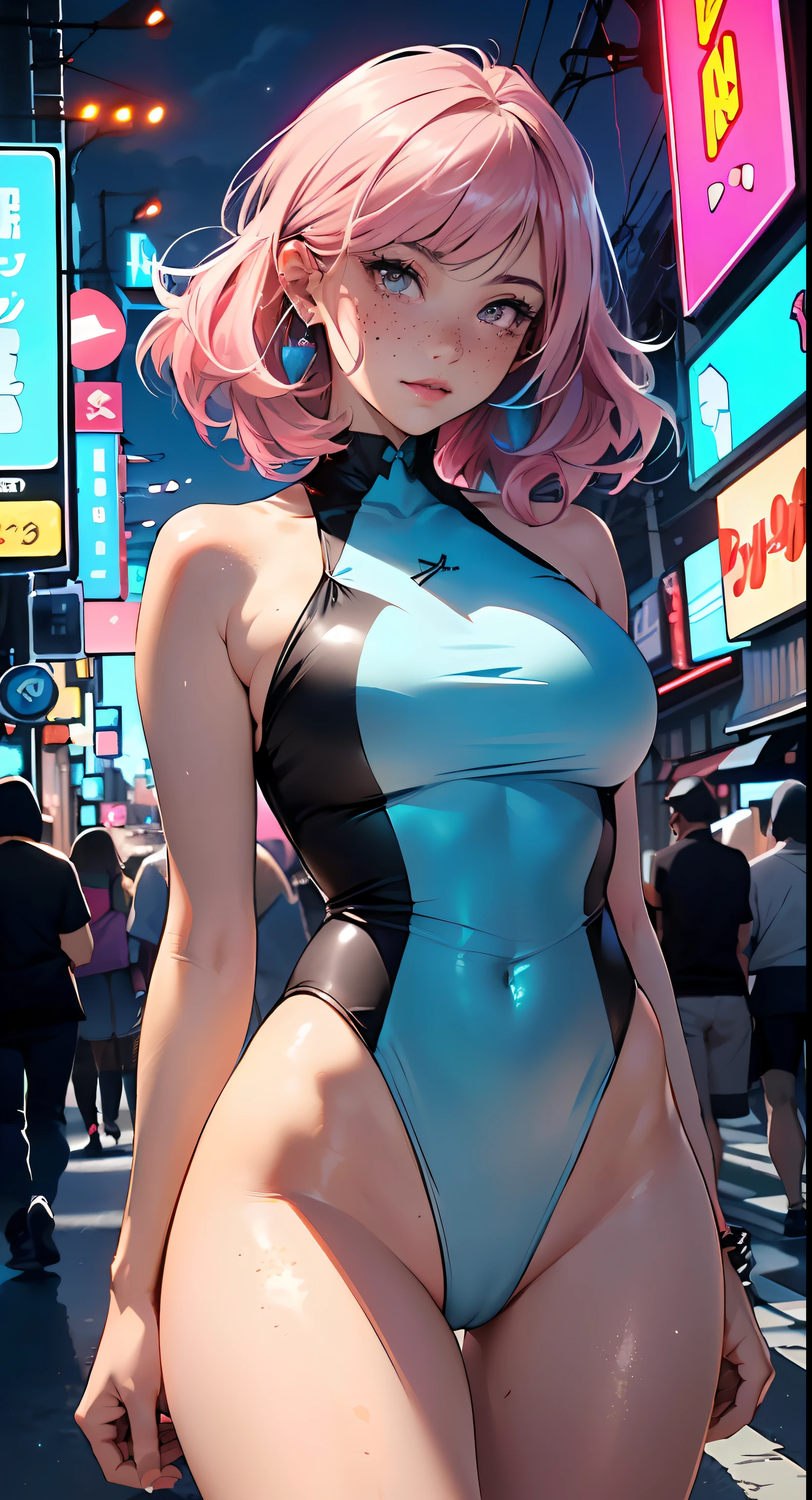 sporty girl,(((1girl))),((anime girl with bubblegum pink hair and freckles,extremely cute and gorgeous seductively walking down the street)),
(large breasts:1.4),saggy breasts,(((bubblegum pink hair:1.35,straight hair,long hair:1.4,colored inner hair,ear breathing))),((heterochromia,eye1 pink,eye2 azul,perfect eyes,upturned eyes:1.3,beautiful detailed eyes,finely detailed beautiful eyes:1,big highlight on eyes:1.2,slanted eyes)),((fat)),(((freckles on the face,freckles,freckled girl))),(((lustrous skin:1.5,bright skin: 1.5,skin tanned,shiny skin,very shiny skin,shiny body,plastic glitter skin,exaggerated shiny skin))),(spider lower abdomen,narrow waist,wide hip,athletic body,inflated legs,delicate detailed fingers,detailed body,detailed arms,human hands,(detailed face)),
cute,slutty,seductive,erotic,(((nsfw))),
((one-piece_swimsuit magenta)),(wearing a one-piece_swimsuit outfit:1.3),(detailed outfit,detailed clothes),
(dynamic pose:1.0),embarrassed,centered,scale to fit dimensions,Rule of thirds,
outdoors,((night view)),(very pretty city neon synthwave,cyberpunk night street Background:1.5,dark sky,thick clouds),future vehicles,((neon lights)),thick clouds,(cyberpunk style,neon lights, (synthwave theme background), lonely street),(((detailed background:1.25))),
(best quality),(high resolution),(sharp focus),(ultra detailed),(extremely detailed),(extremely high quality artwork),8k_wallpaper,(extremely detailed CG 8k),(very fine 8K CG),((hyper super ultra detailed perfect piece)),flawless,(((masterpiece))),illustration,vibrant colors,(intricate),High contrast,Selective lighting,Double exposure,HDR (High Dynamic Range),Post-processing,Background blur,