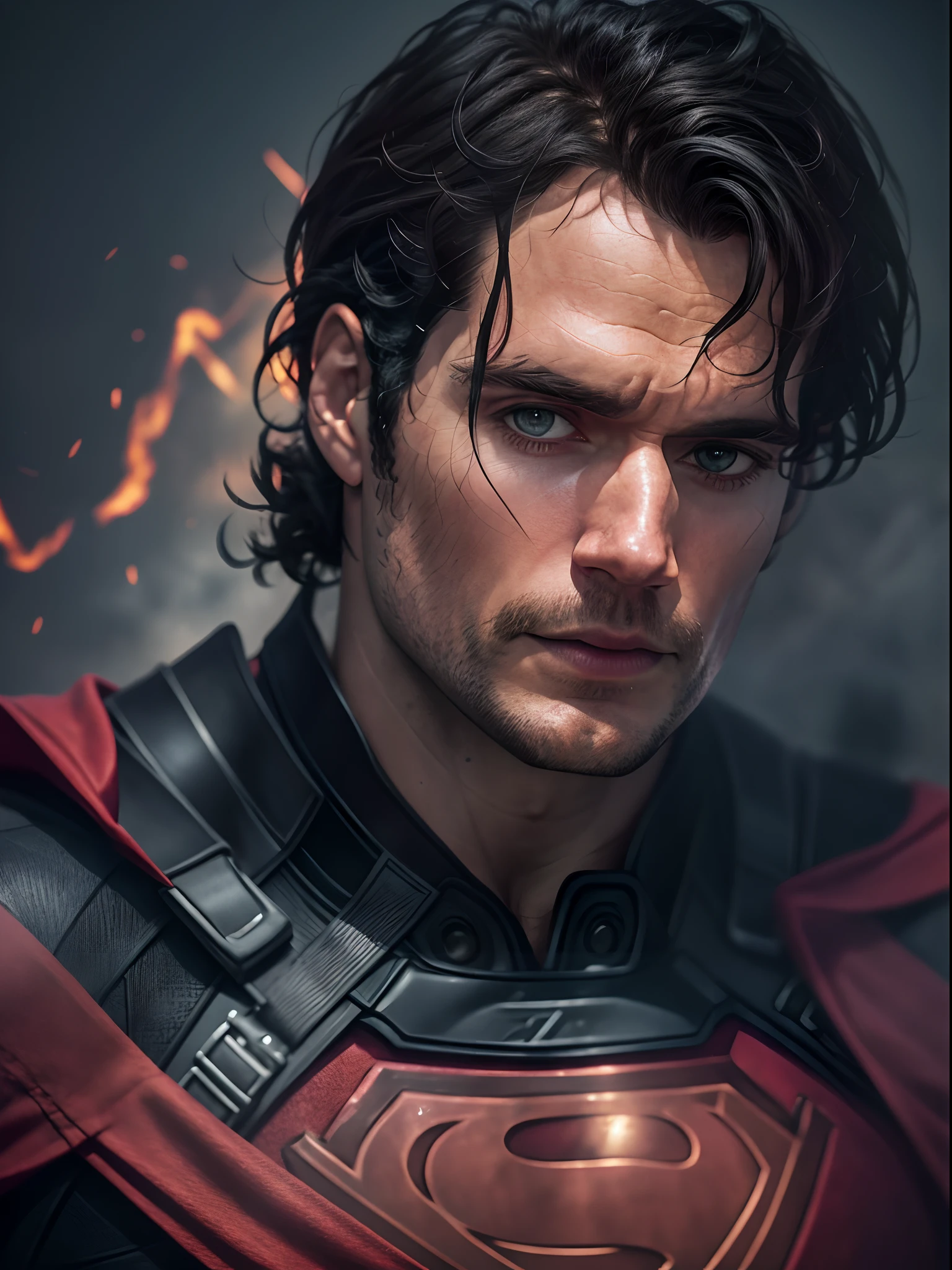 Henry Cavill as Superman, 40s year old, all black and red details suit, red cape, Hair tension, covering the forehead, short-cut hair, tidy hair, ah high, manly, hunk body, muscular, straight face, black medium hair, Best Quality, High Resolution:1.2, Masterpiece, RAW photo, Dark background, detailed suit, Detailed Face, upper body face shot