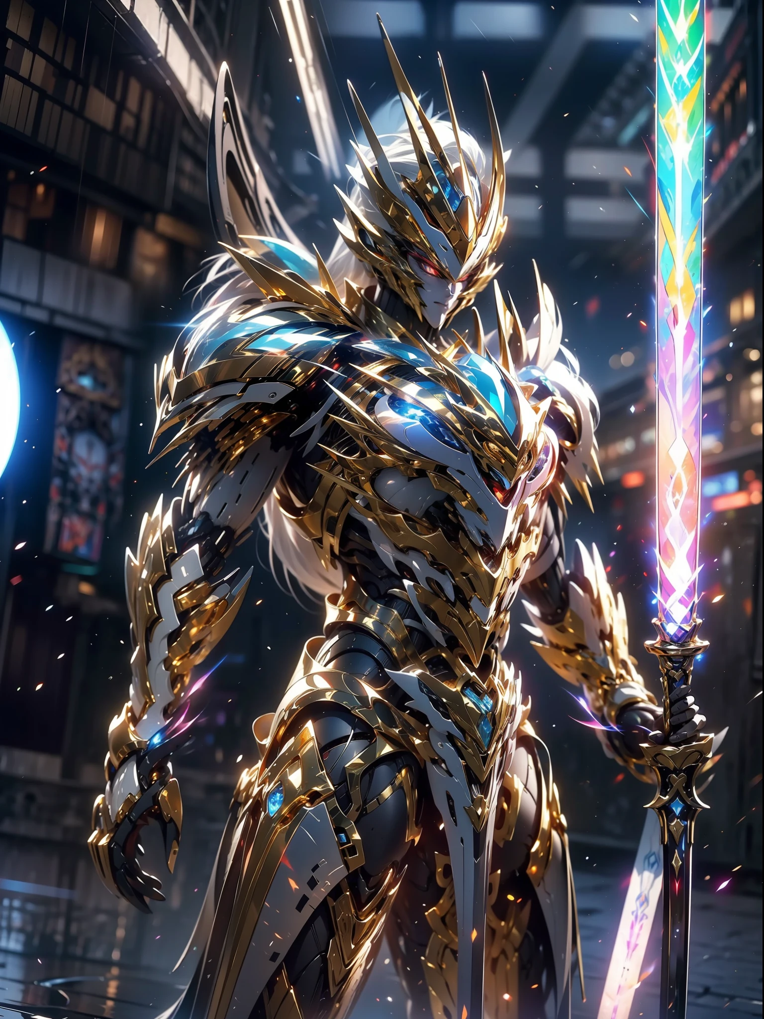 ultra wide shot, full body shot, (masterpiece) ， the best quality， High Quality， （futurism：1.1）， （A paladin holding a light infused sword, light magic, divine, magewave, silver and gold）， movie lights， （Exquisite future）， Beautiful and beautiful， Ultra detailed， Great composition， floating， Depth of field， （Very detailed CG，Unity 8k壁纸）， （Beautiful detail background）， Beautiful hair details， dramatic lights， GOGETTA， mecha，Bestquality，ultrahighres，photorealistic