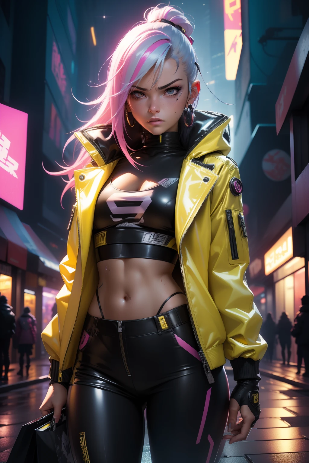 ((Best quality)), ((masterpiece)), (highly detailed:1.3), ((anime style)) ,HDR (High Dynamic Range),Ray Tracing,NVIDIA RTX,Super-Resolution,Subsurface scattering,Post-processing,Anisotropic Filtering,,Two-tone lighting,White balance,Rule of thirds,8K RAW, (long hair, pink headphone) solo, manly cyberpunk man with thick voluminous hair wearing a leather hooded jacket, lucy \(cyberpunk\),((Yellow jacket)), ((open jacket)), hip-hop pant, (detached sleeves), pouch, (white hair), (multicolor hair), (beautiful detailed hair) ,(hair blowing), red eyeliners, stronger male, beautiful eyes, detailed beautiful shiny skin, cute, perfect skin, shiny skin, 30 years old , (small breasts), sharp face, (midriff:1.2), (depressing), (angry), sweat, wet, neon, cyberpunk, science fiction,(fighting stance), (golden wires), (narrow waist:1.4), looking at viewer, cinemetic lights, (manga:1.1), (various clutter and mess in background:1.1), (light particles), (lush detailed),(stunning), (dynamic perspective shot, medium shot), portrait, (sharp focus) , colorful light, night, (cyberpunk shopping mall background), standing in the shopping mall, futuristic, ((cyberpunk background)), mysterious, fantasy