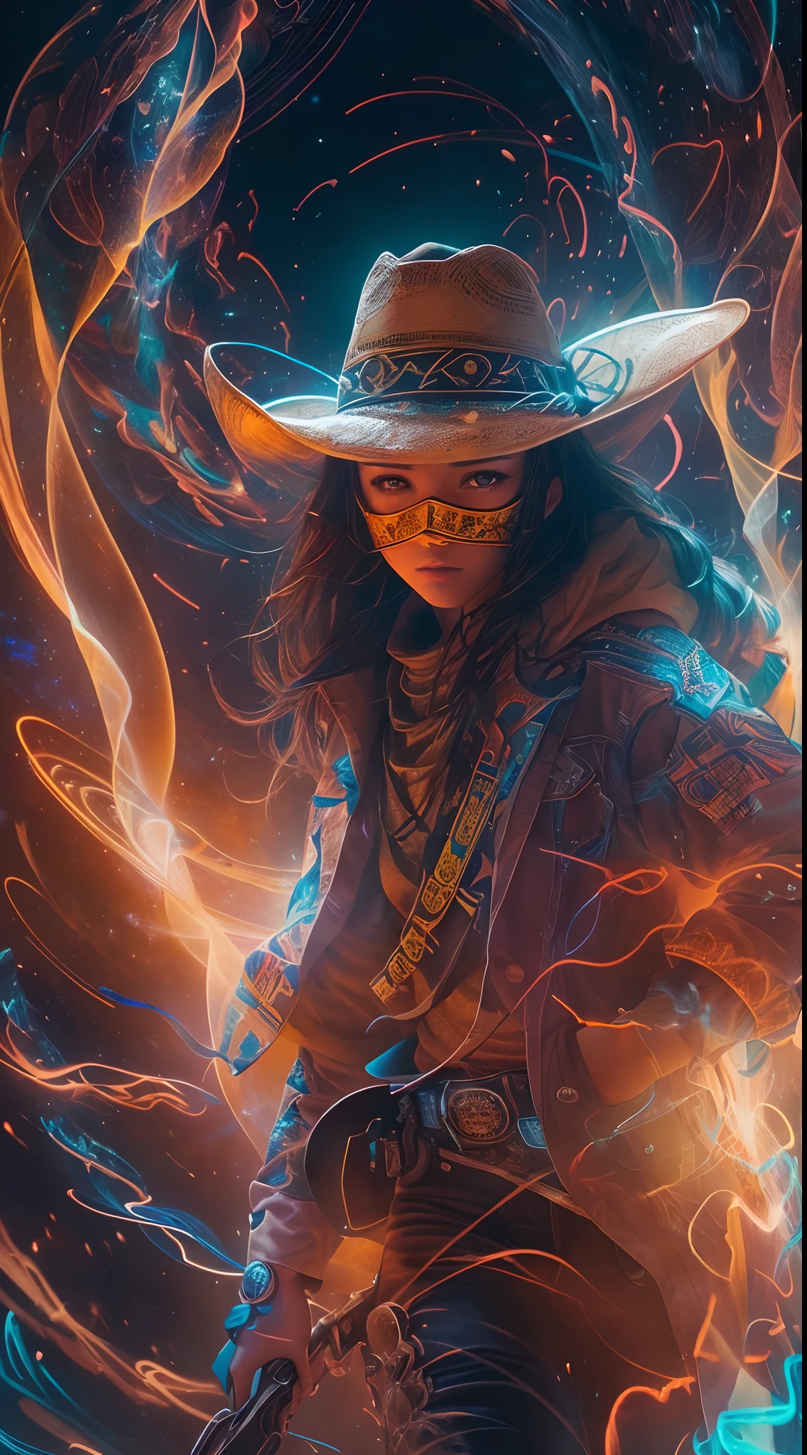 (masterpiece, top quality, best quality, official art, beautiful and aesthetic:1.2), light painting, dynamic streaks, vibrant colors,captivating patterns, creative experimentation, luminous trails,
1girl, mask,
global illumination, extreme detailed,(science fiction:1.3),colorful,highest detailed,cinematic light,(cowboy shot:1.2),