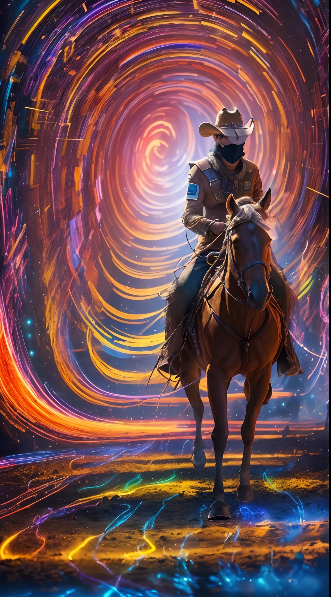 (masterpiece, top quality, best quality, official art, beautiful and aesthetic:1.2), light painting, dynamic streaks, vibrant colors,captivating patterns, creative experimentation, luminous trails,
1girl, mask,
global illumination, extreme detailed,(science fiction:1.3),colorful,highest detailed,cinematic light,(cowboy shot:1.2),
