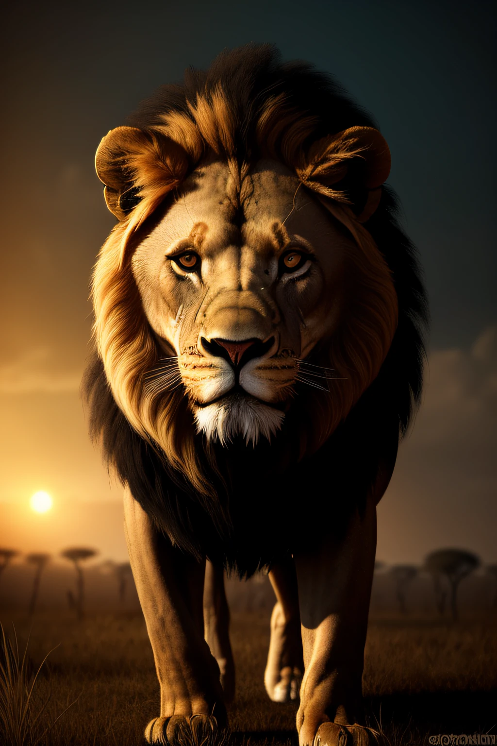 Lion on African savanna, black background night, frightful, Cyberghetto, Goblincore, Long shot, Zbrush rendering, grainy, interactive, shiny colors, Surrealism, atmospheric lighting, realistic skin tones, dramatic light lighting, portrait photography, 4K