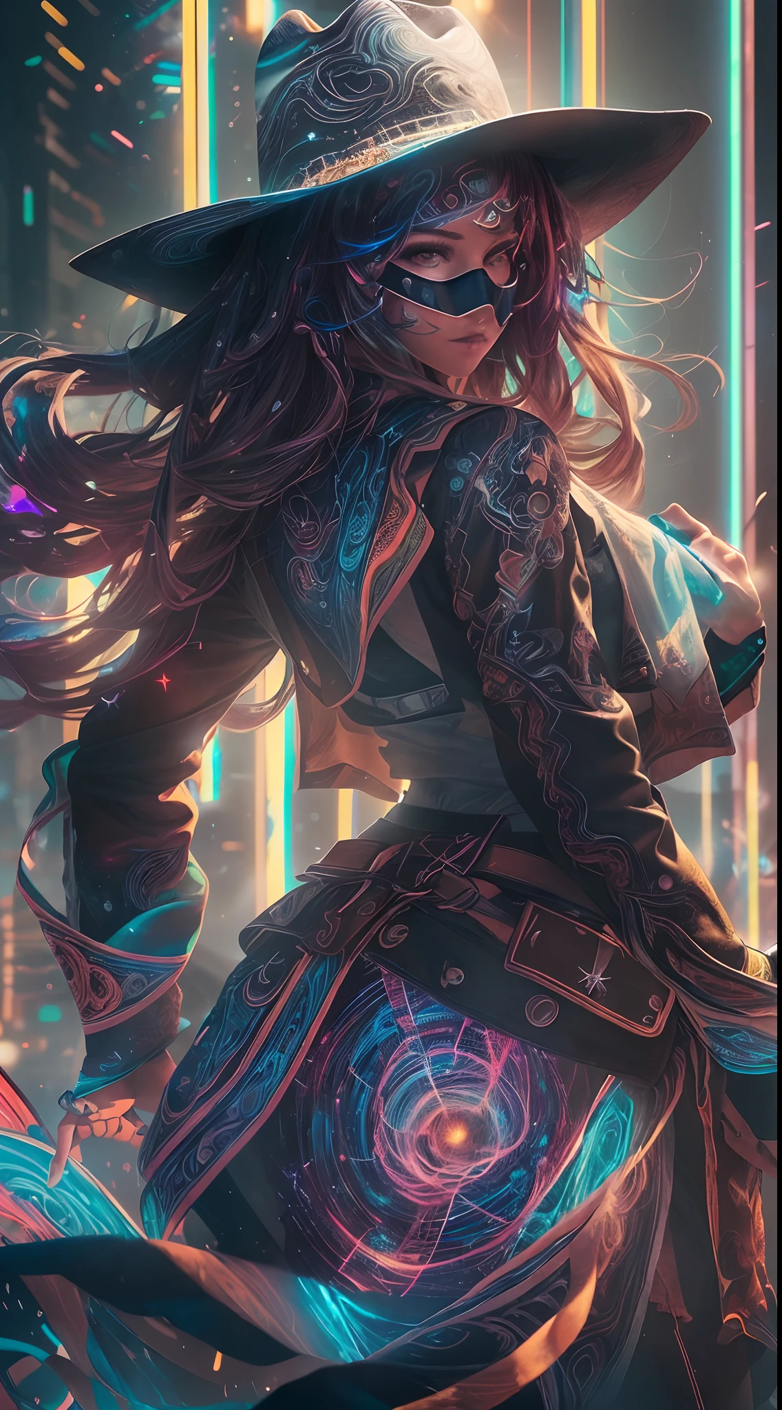 (masterpiece, top quality, best quality, official art, beautiful and aesthetic:1.2), light painting, dynamic streaks, vibrant colors,captivating patterns, creative experimentation, luminous trails,
1girl, mask,
global illumination, extreme detailed,(science fiction:1.3),colorful,highest detailed,cinematic light,(cowboy shot:1.2),