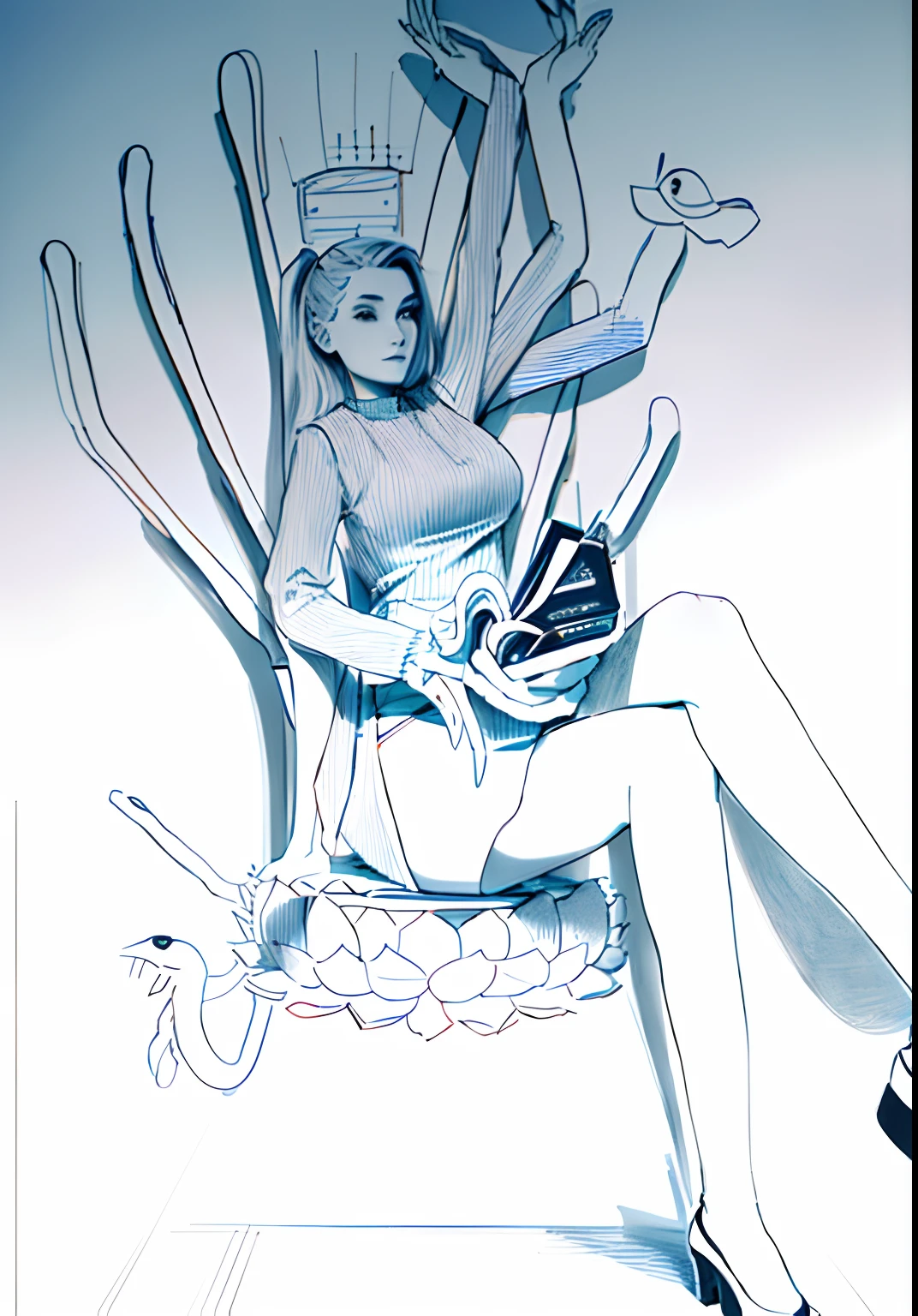 a drawing,A woman sits in a chair,There is a bird on the leg, clean lineart, linear art, Outline sketch, intense line art, bold lineart, Line art!!, Line - Art, thick lineart, line art illustration, contour drawing, Simple lines of art, perfect lineart, Line art, outline art, outlined art, thick black lineart