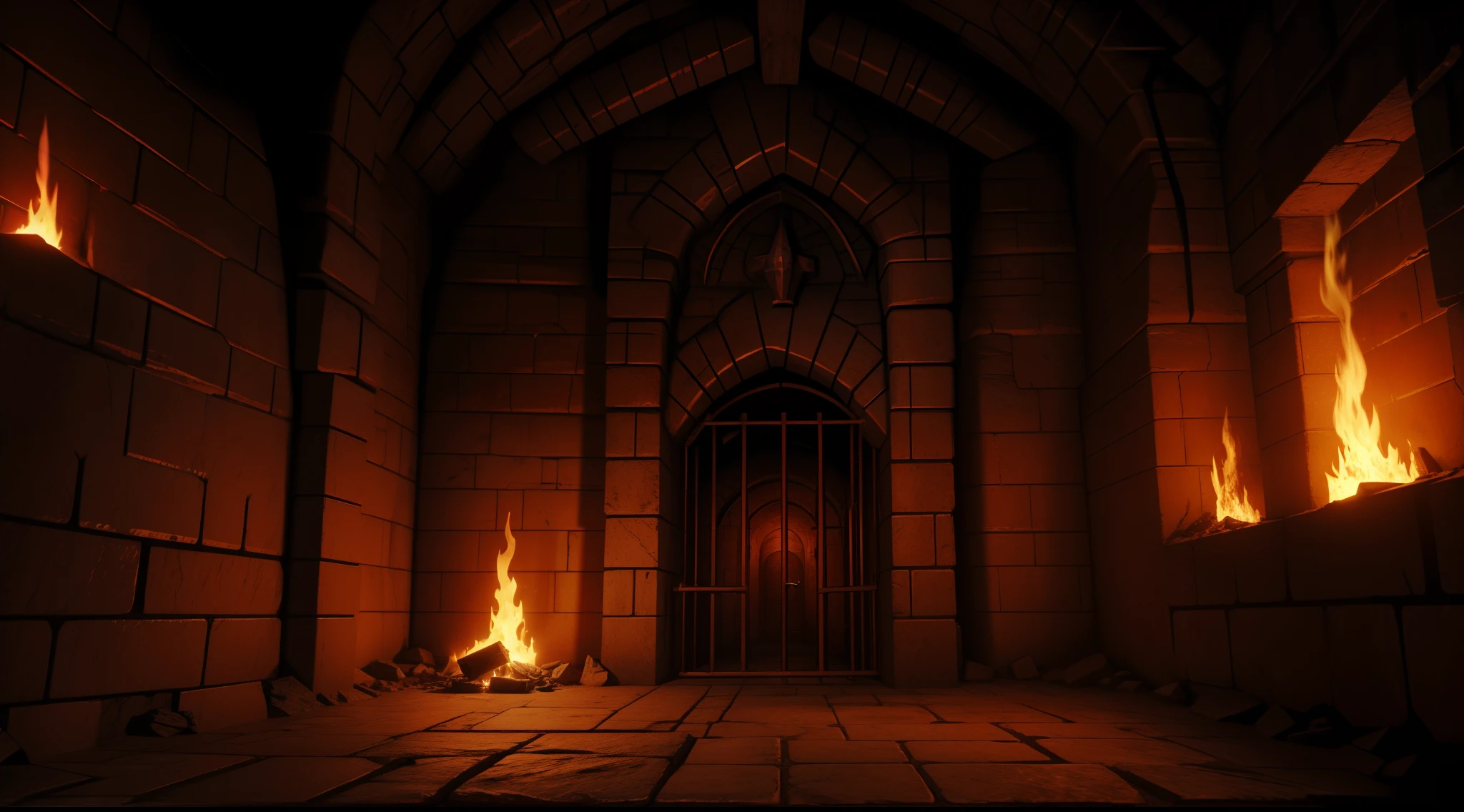 hell prison cells, high fantasy style, medieval dungeon, attacking fiends, hunting demons, fire and magma everywhere
