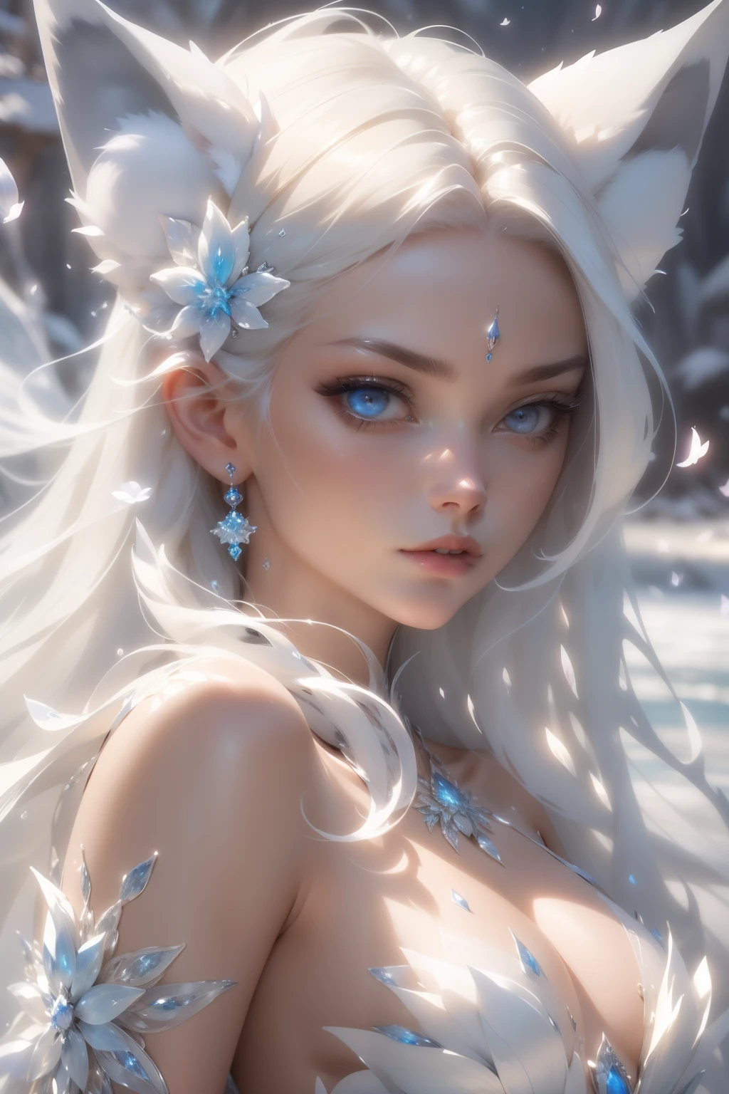 masterpiece, best quality, official art, extremely detailed cg 8k wallpaper, (flying petals) (detailed ice) , crystals texture skin, cold expression, ((fox ears)), white hair, long hair, messy hair, blue eye, looking at viewer, extremely delicate and beautiful, water, ((beauty detailed eye)), highly detailed, cinematic lighting, ((beautiful face), fine water surface, (original figure painting), ultra- detailed, incredibly detailed, (an extremely delicate and beautiful), beautiful detailed eyes, (best quality)