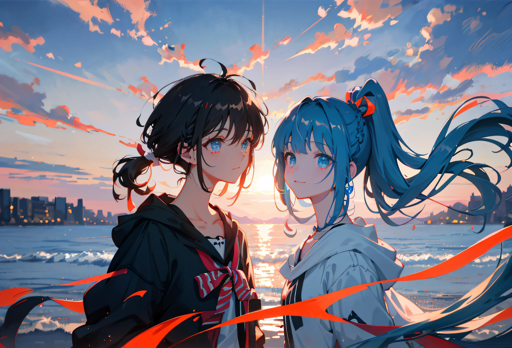 MKSKS style,Striped hair, Light brown hair, braidedponytail, crossed bangs, short ponytail hair, Low ponytail, Side braids, heart ahoge, blue hair ribbon, Moles under eyes, Gradient eyes, aqua eyes, Seductive smile, Laughing, Rococo style, romanticism lain, Anime style, god light, first person perspective, Cowboy shot, Eye level shots, hyper HD, Masterpiece, ccurate, Anatomically correct, Textured skin, Super detail, High details, High quality, Best quality, A high resolution, 8K