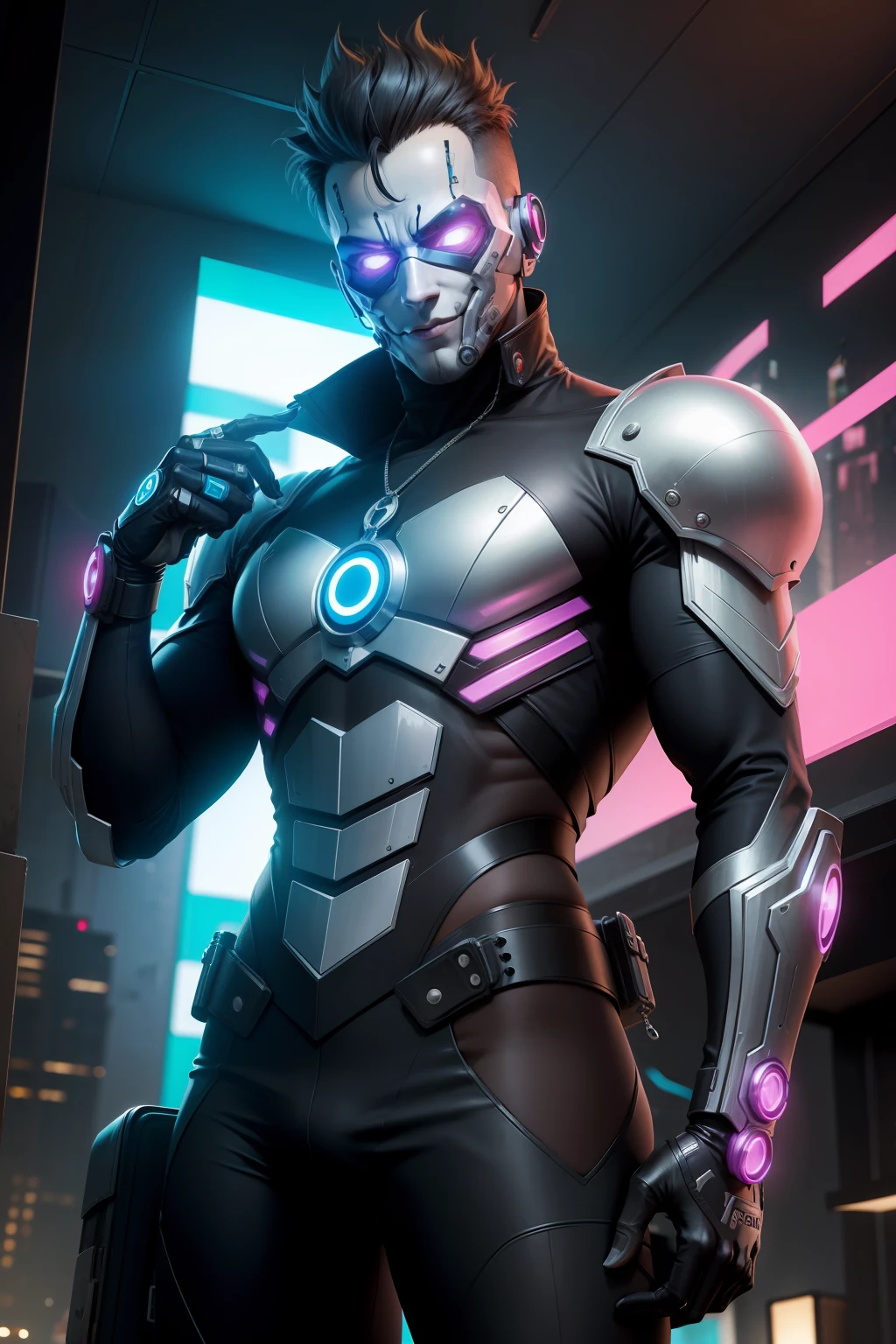 Hay un villano cyberpunk haciendo una pose de felicidad