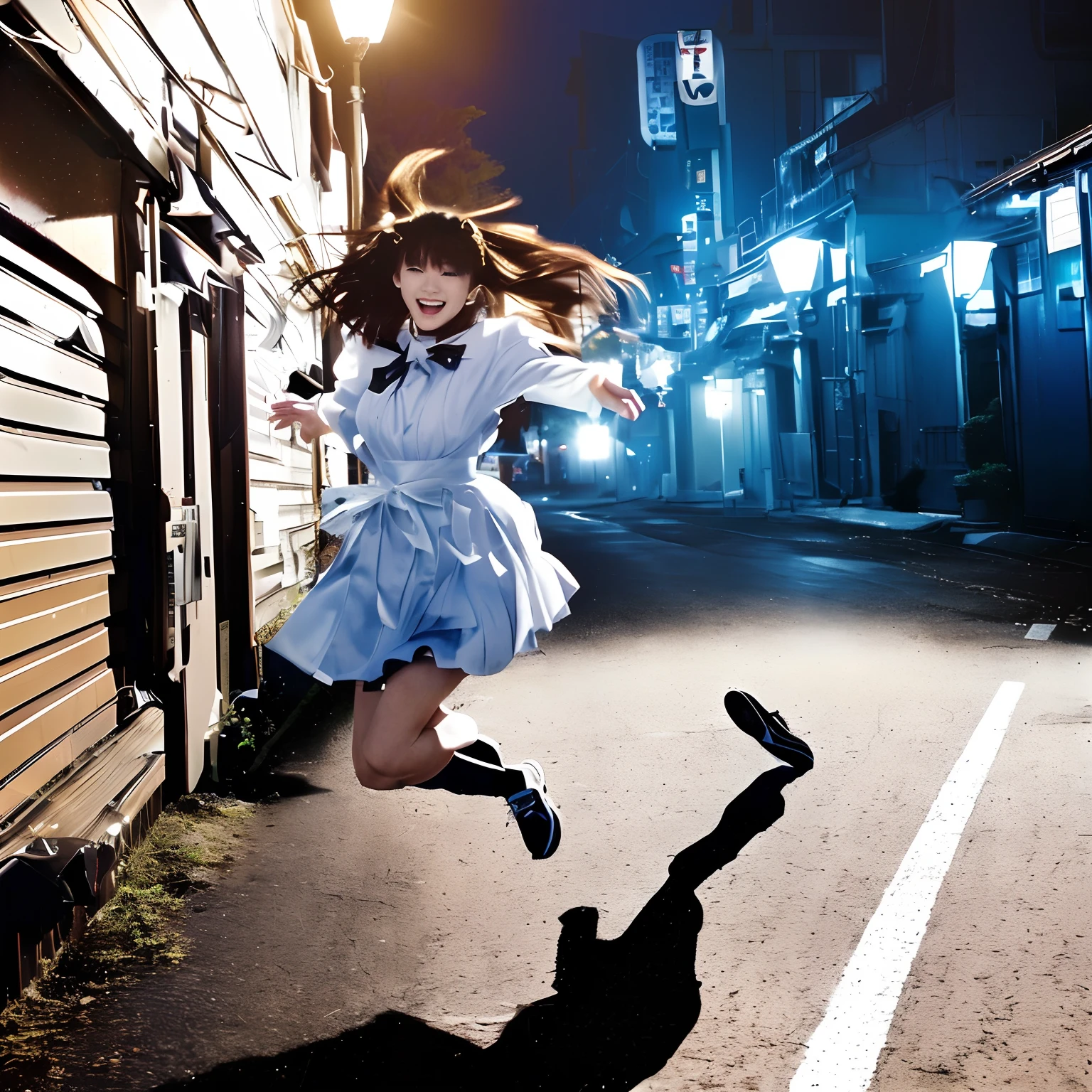 Photos from the 1990s、Japanese teenage girl、Young woman in Japan flying dynamically、City at night、There is only the light of the street lamps、Sodium Lamp Yellow Light、Young woman in Japan jumping over、Woman in maid outfit、There is a woman jumping in the air with an umbrella、the anime girl is running、leaping、Correr libremente、Jump horizontally!!!,Levitating、Dynamic!!,Levitating、Anime style mixed with Fujifilm、leaping towards viewer、jumping towards viewer、jumping pose、Girl Running
