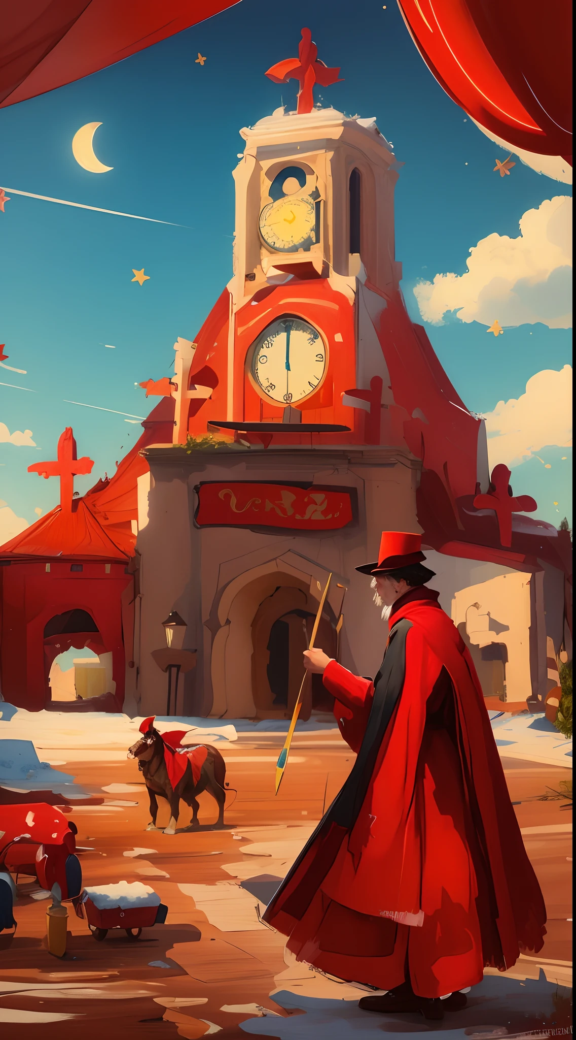 Painting of a man with a red robe and a red cape with a clock tower in the background, clocktower, noite estrelada, stylized digital illustration, inspirado em Geertgen to Sint Jans, inspirado em Boris Kustodiev, mago com capuz vermelho, Pintura estilizada, matte digital illustration, pintura fosca guache, speedpaint, # 1 pintura digital de todos os tempos