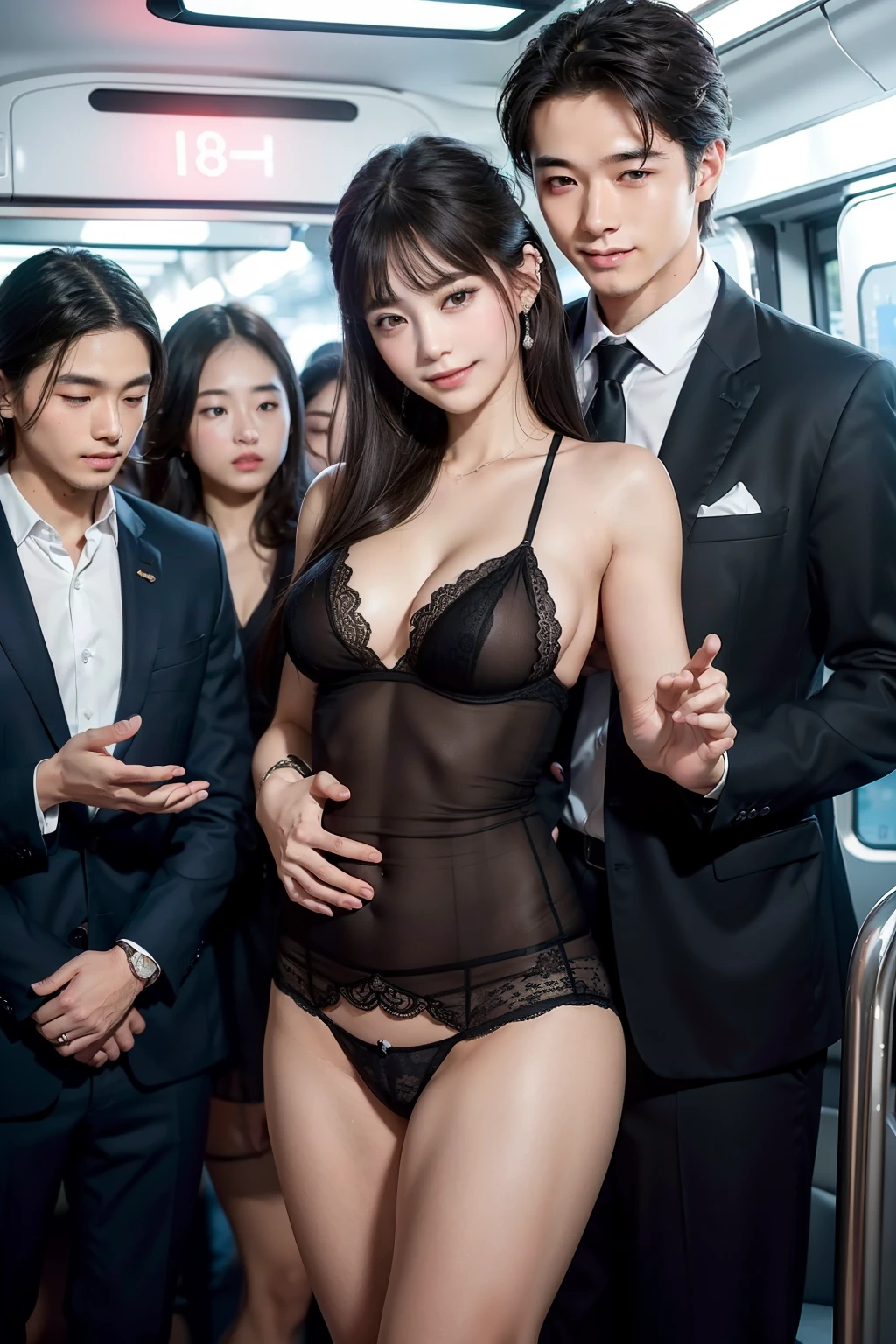 (in 8K、Raw photography、Highest Quality、realisitic、Photorealsitic、Professional Lighting、masterpiece、extremely delicate and beautiful、Highly detailed、finely detail、ultra-detailliert、hight resolution、full-shot)、SFW、VERY crowded train detailed scenario、1girl in、Beautuful Women(woman 1)ha、Wearing a black dress、Beautiful face:1.5、Model body type、small tits、All passengers except one female are male.....:3、Young man in suit、(woman 1)Touching the body of、Young men(woman 1)hug from behind、Young men(woman 1)Touching the chest of、Young men(woman 1)Flip up the skirt of、Black panties are visible、(((Smiling)))、