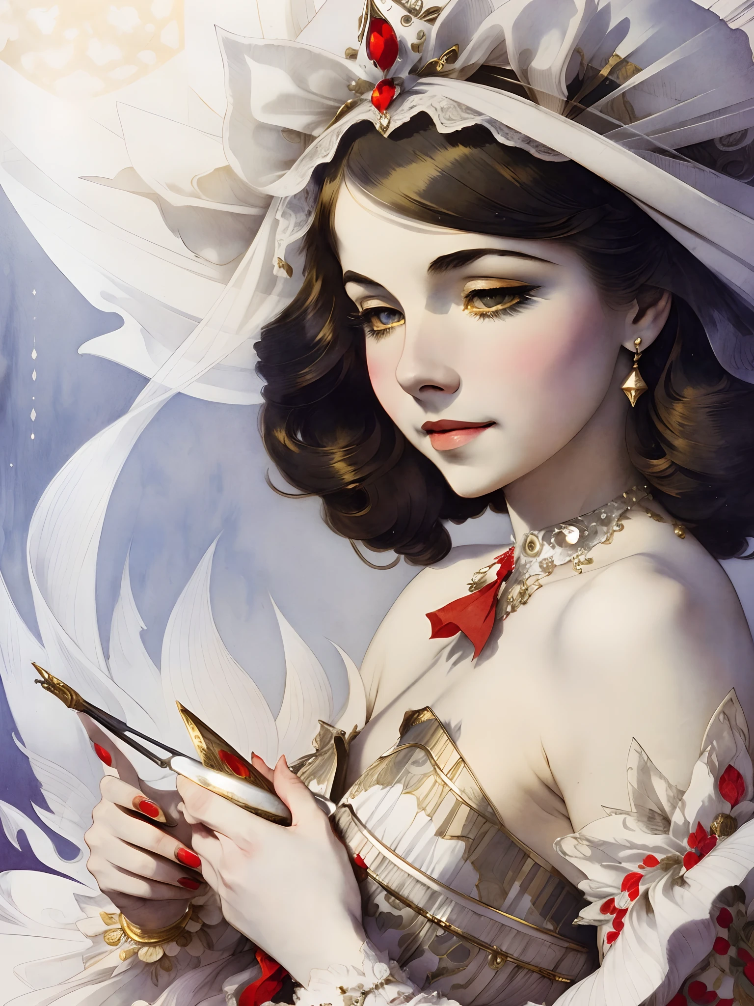 (Best Quality, tmasterpiece:1,1), ((illustration by Louis Icart)), Iolanta,  improvisation,  Detailed Illustration, grotesque,  Complicated details, chilling, (aesthetics), excitement, Hyper-realistic, insanely detailed, ((Louis Icart style)