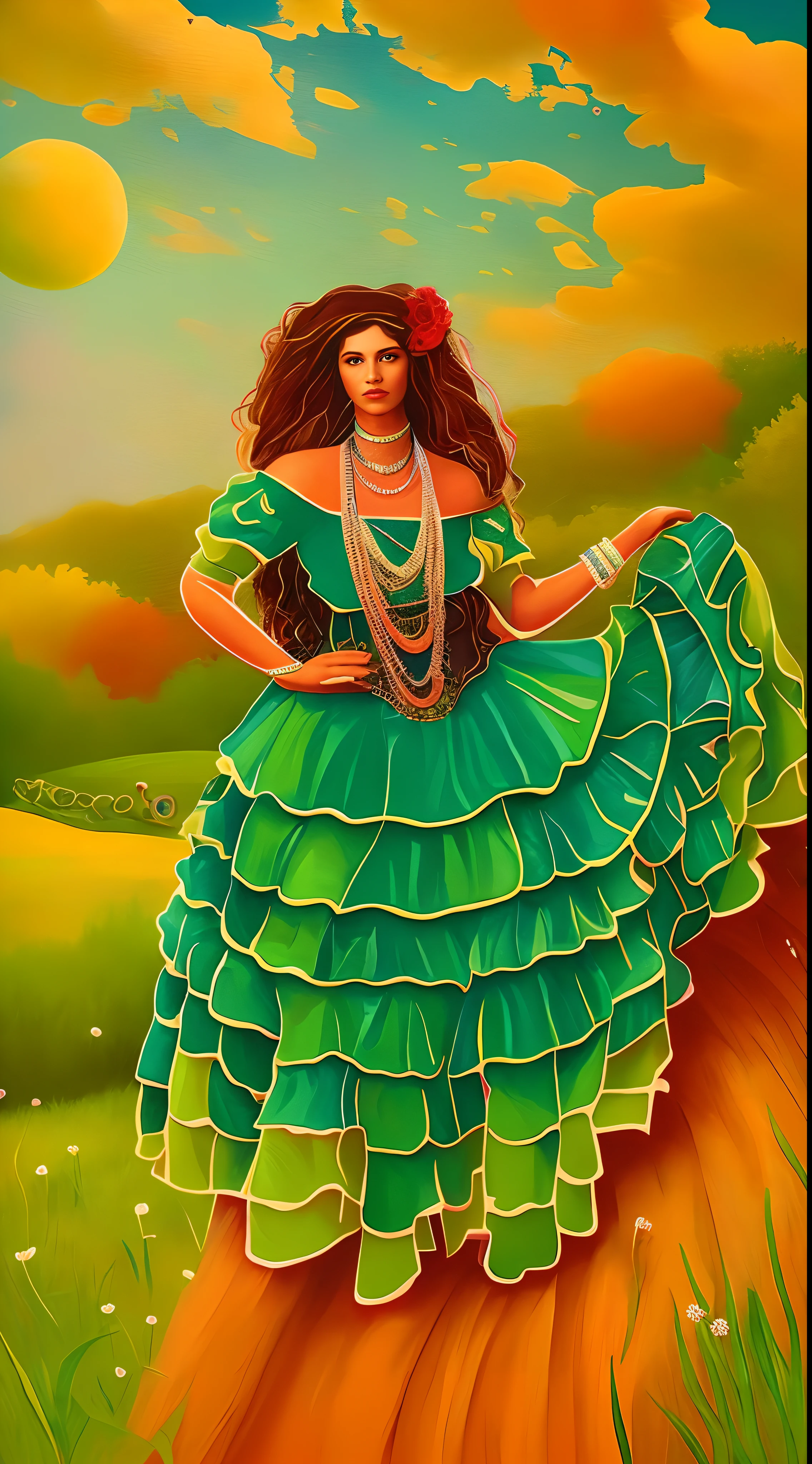 Painting of a woman in a colorful dress standing in a field, folkloric illustration, Por Reyna Rochin, Folclore mexicano, Inspirado em Reyna Rochin, No estilo de arte de Quetzecoatl, inspired by Angel Botello, Sacerdotisa Maia, in illustration style digital, she is mexican, folclore, stylized digital illustration