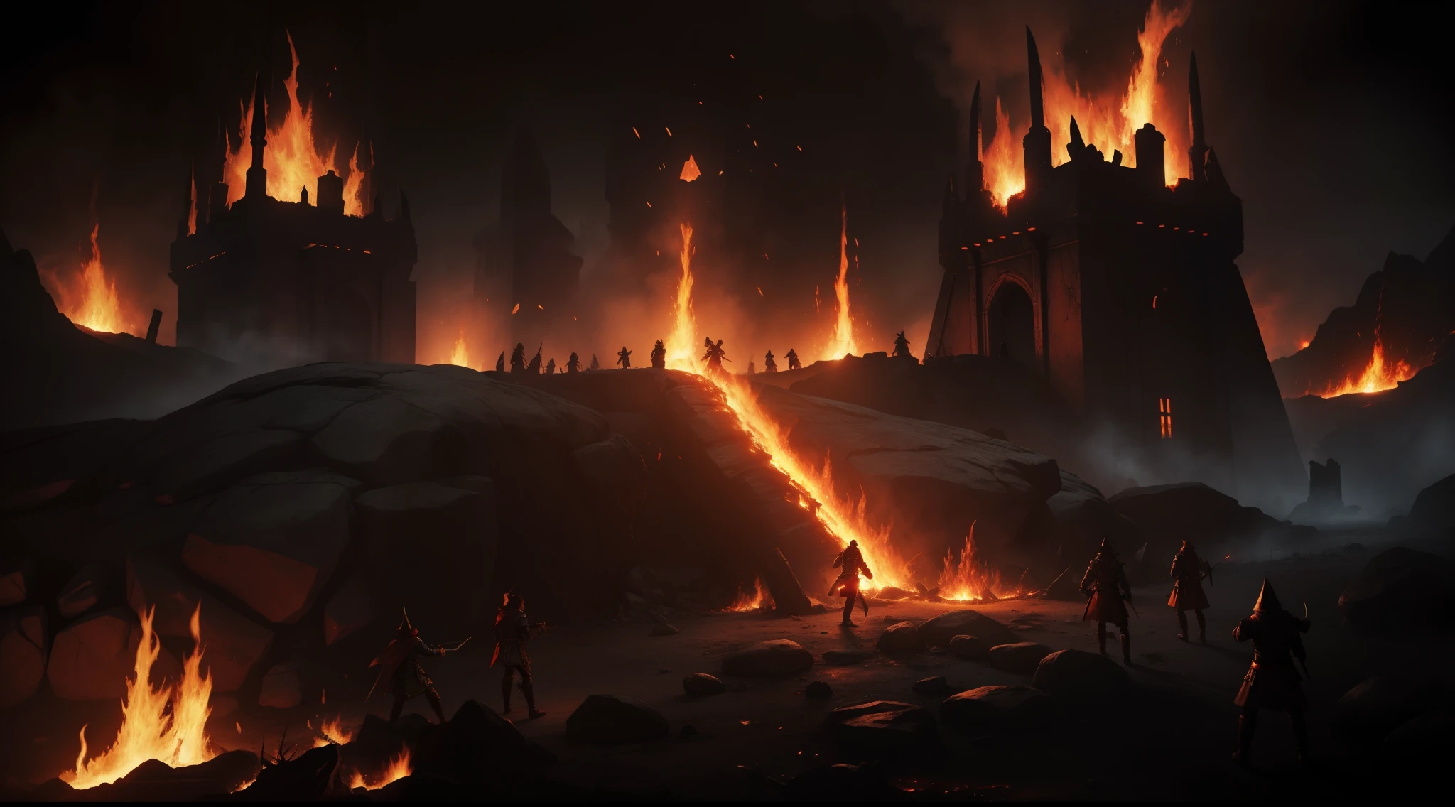 hell prison dungeon, high fantasy style, attacking fiends, hunting demons, fire and magma everywhere
