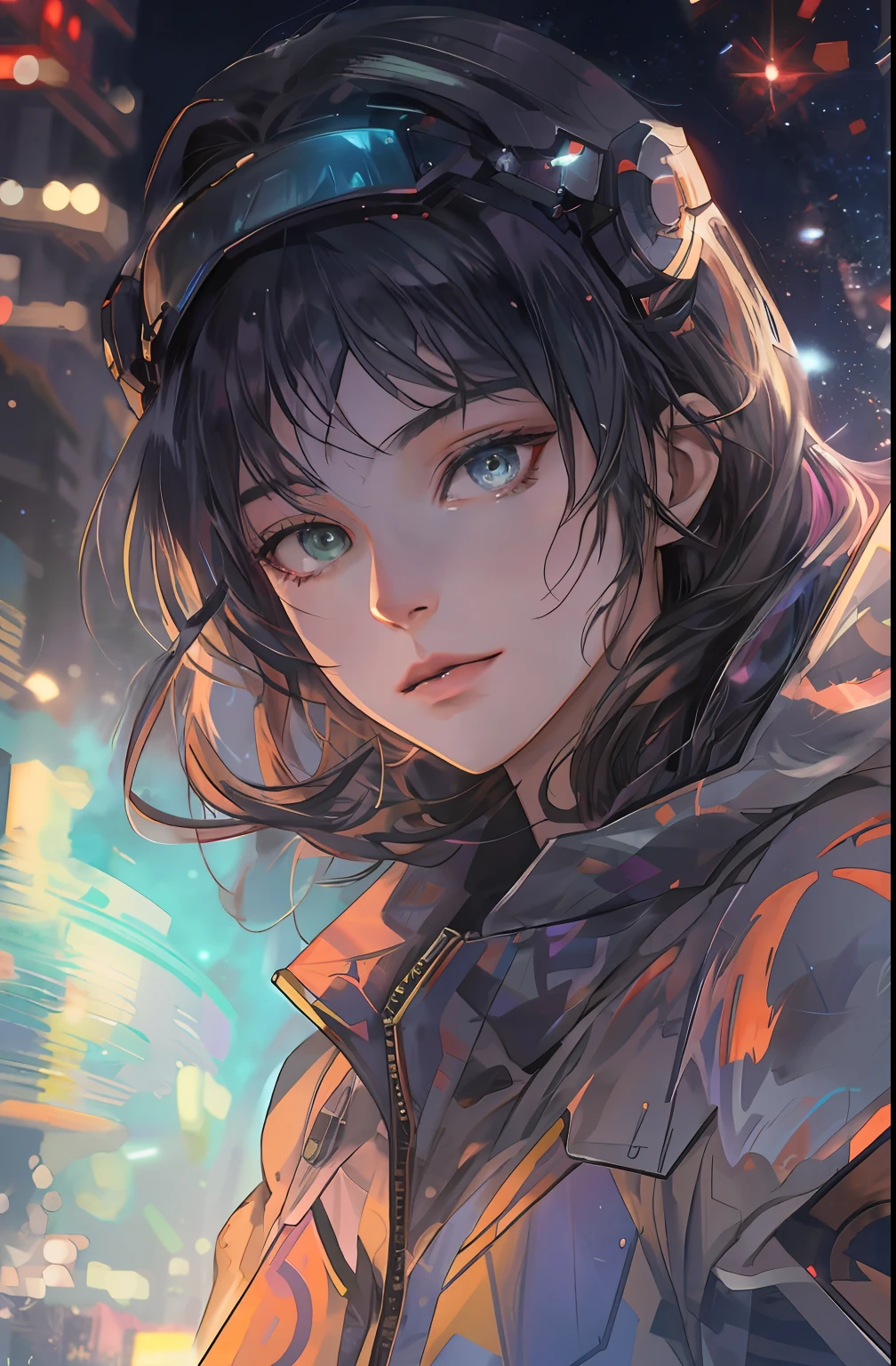 anime backgrounds, drawing, dark space anime, night, in the style of realistic hyper-detailed portraits, bokeh, futuristic glam, delicate portraits, aurorapunk, glass fragments art, low-angle