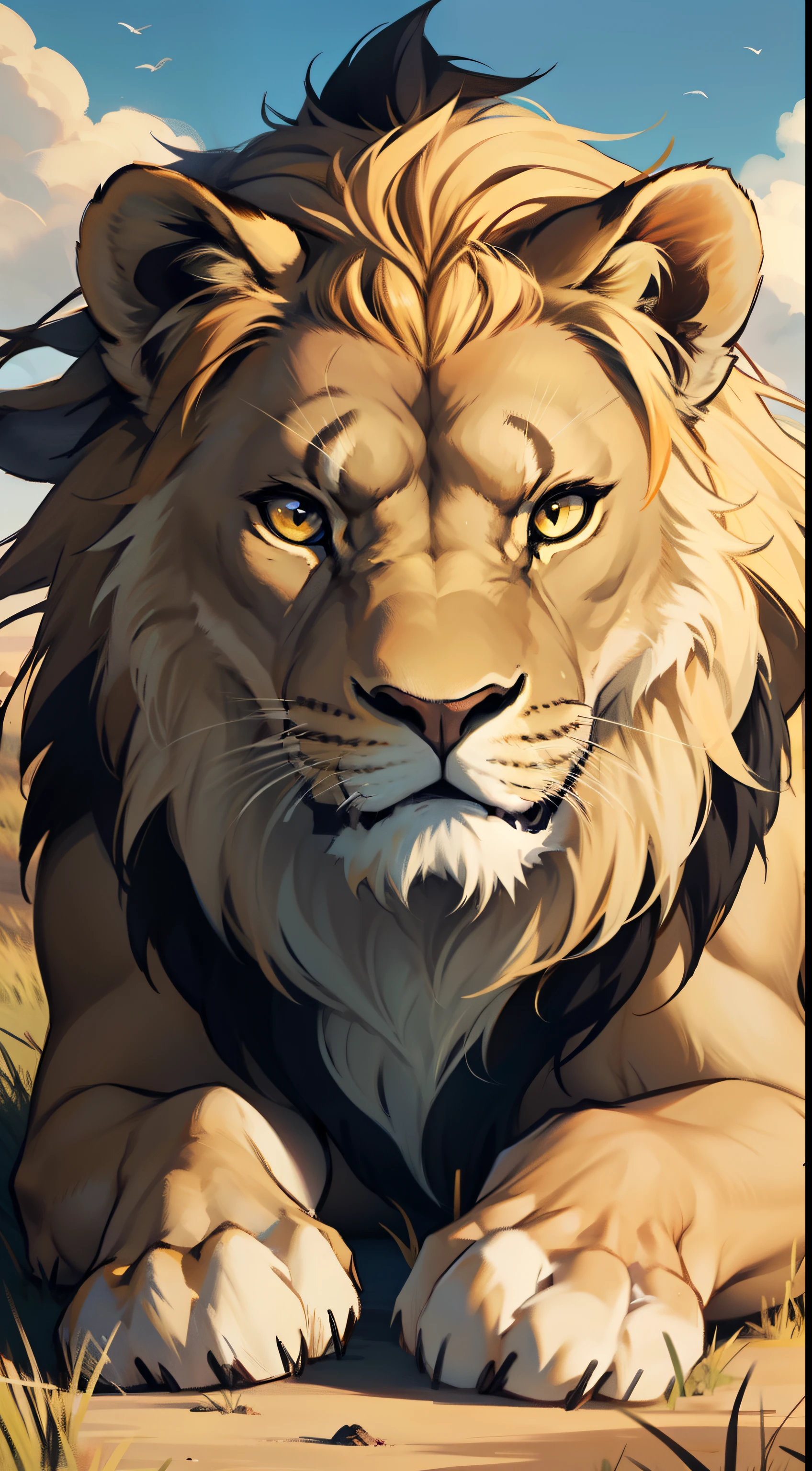 Lion with concentrated gaze with savanna background