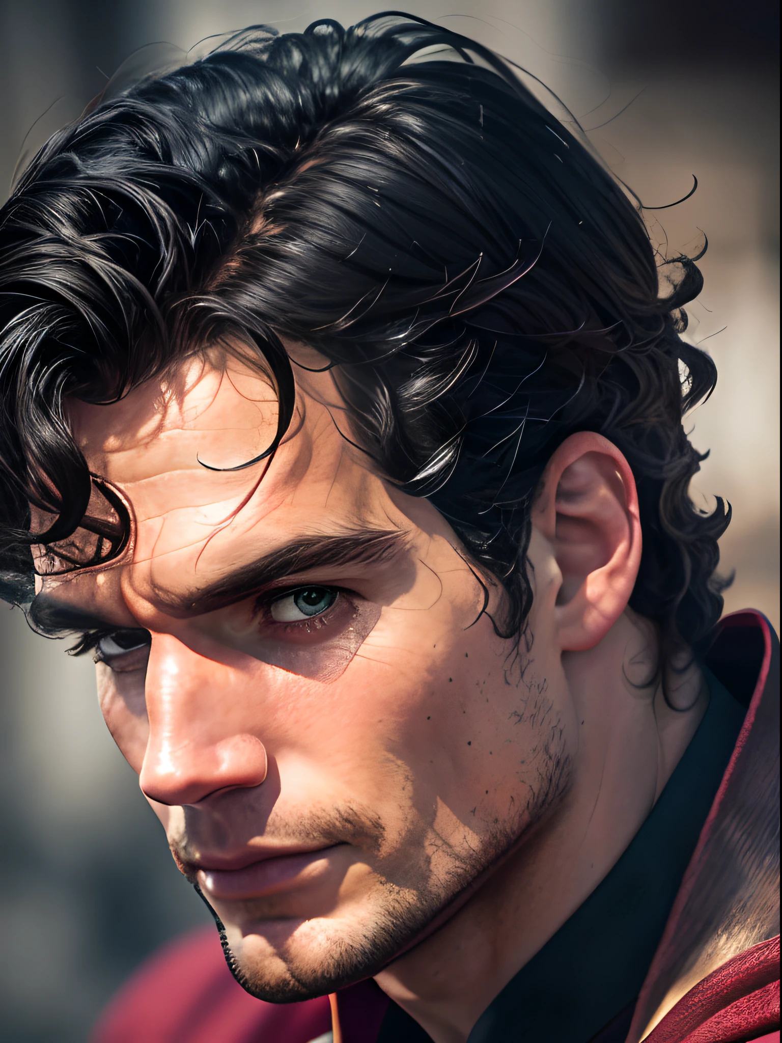 Henry Cavill as Superman, 40s year old, all black and red details suit, red cape, Hair tension, Covering the forehead, short-cut hair, tidy hair, ah high, manly, hunk body, muscular, straight face, black medium hair, Best Quality, High Resolution:1.2, Masterpiece, RAW photo, Dark background, detailed suit, Detailed Face, upper body face shot.higly detailed,