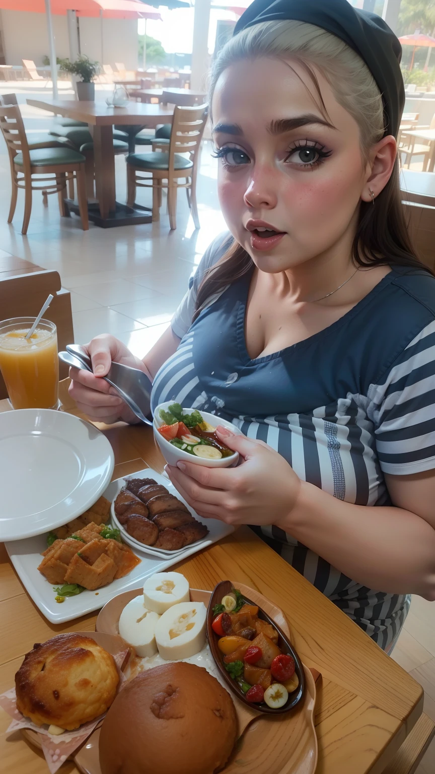 Mulher gorda, come demais, obesa, obesidade, muita comida, various dishes, restaurante.