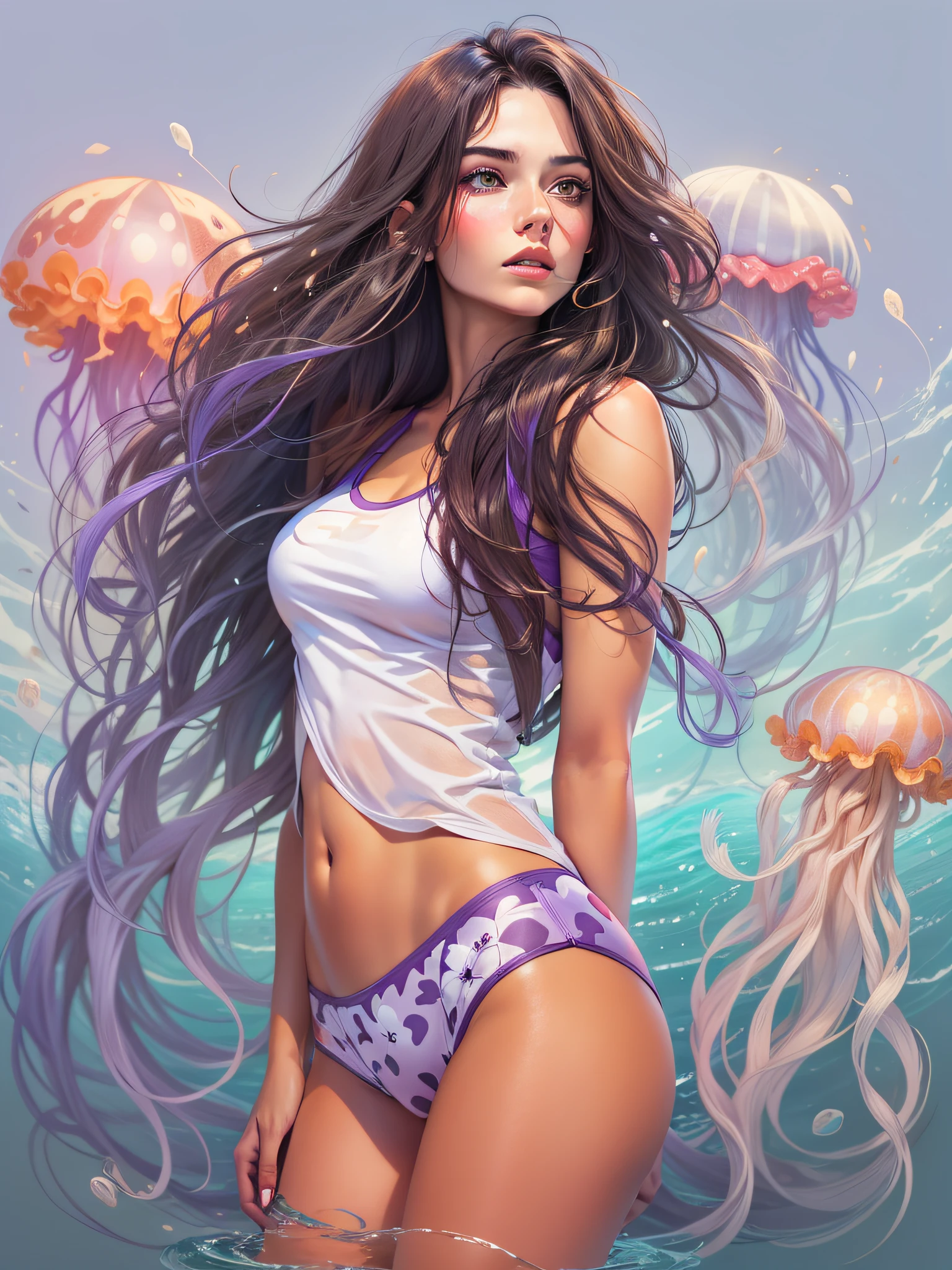 brunette woman with long brown hair, wearing purple bathing suit, surrounded by jellyfish, at beach, realistic style image, Surrounded by Vector VibraPrint Ready t-shirt design, white background, side view, label, clean white background, professional vector, very high detail , t-shirt design, vibrant.