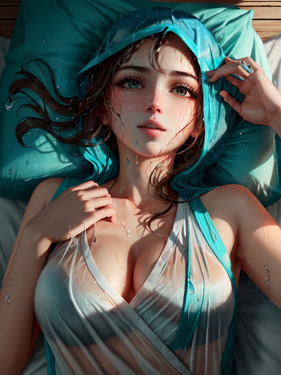 (HD), (Full HD), (4K), (8K), (Melhor qualidade), (Obra-prima), (Realista); garota , pernas abertas, na cama, right hand on chest, left hand in , sem calcinha, seminua, (wet)