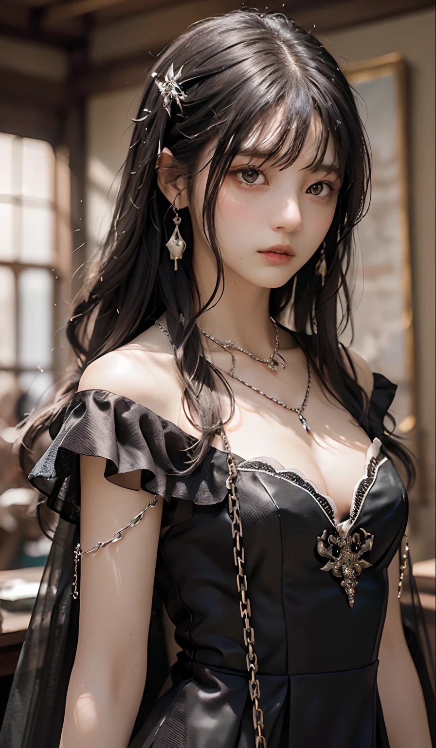 ((top-quality、​masterpiece:1.3))、sharp:1.2、Perfect Body Beauty:1.1)、Highly detailed facial and skin texture、Detailed eye、Fantasia、(Pure black dress:1.3)、(chains:1.3)、二重まぶた、((Longhaire:1.5))、(dark brown  hair)、(well-groomed bangs:1.2)、((One Woman))、fantasy castle、tying  hair、Black Princess、darkened room、Darkness Falls、The Princess Who Turned Evil、Fallen into evil、Evil Princess、a necklace、Luxurious ornaments、